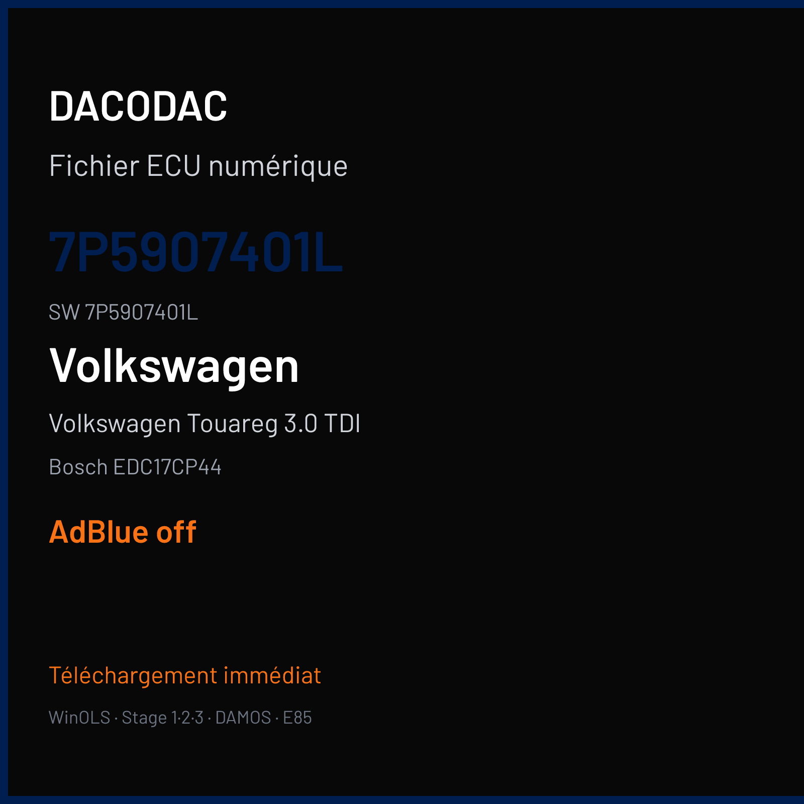 Volkswagen Touareg 3.0 TDI 262 ch — Bosch EDC17CP44 — 7P5907401L · 7P5907401L · 028687 — ADBLUE off