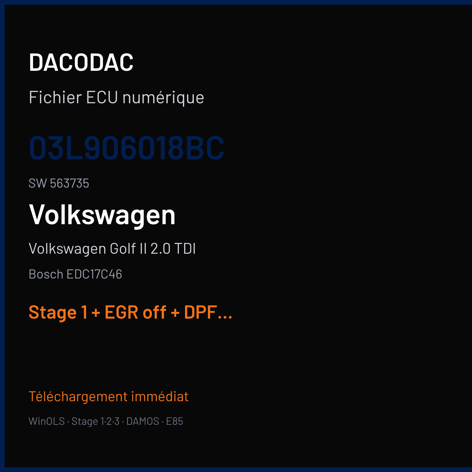 Volkswagen Golf II 2.0 TDI (2012) — Bosch EDC17C46 — 03L906018BC · 563735 — Stage 1 + EGR off + DPF off + VMAX off