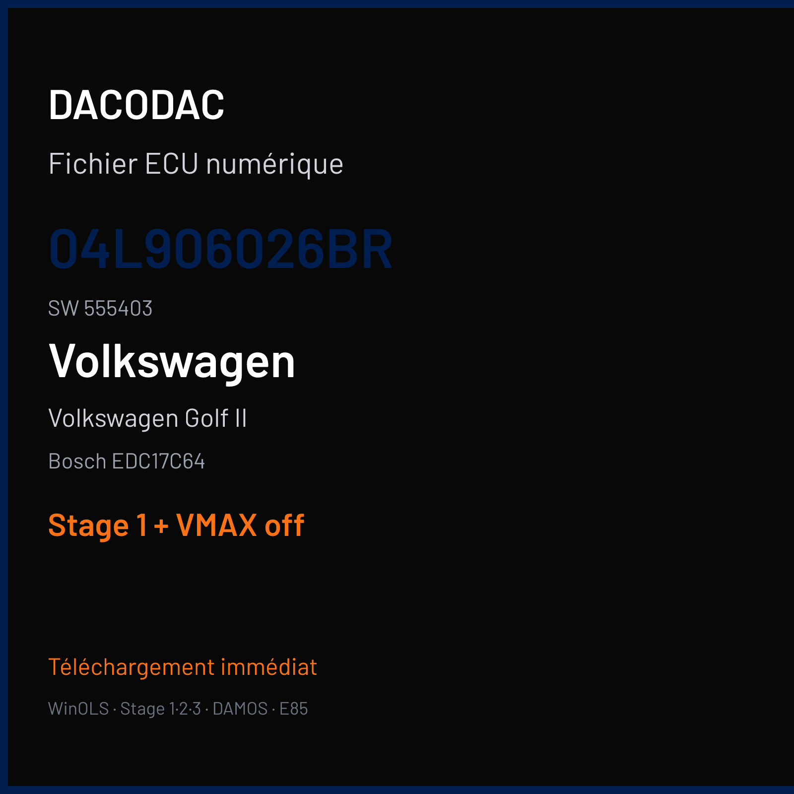 Volkswagen Golf II (2016) — Bosch EDC17C64 — 04L906026BR · 555403 — Stage 1 + VMAX off