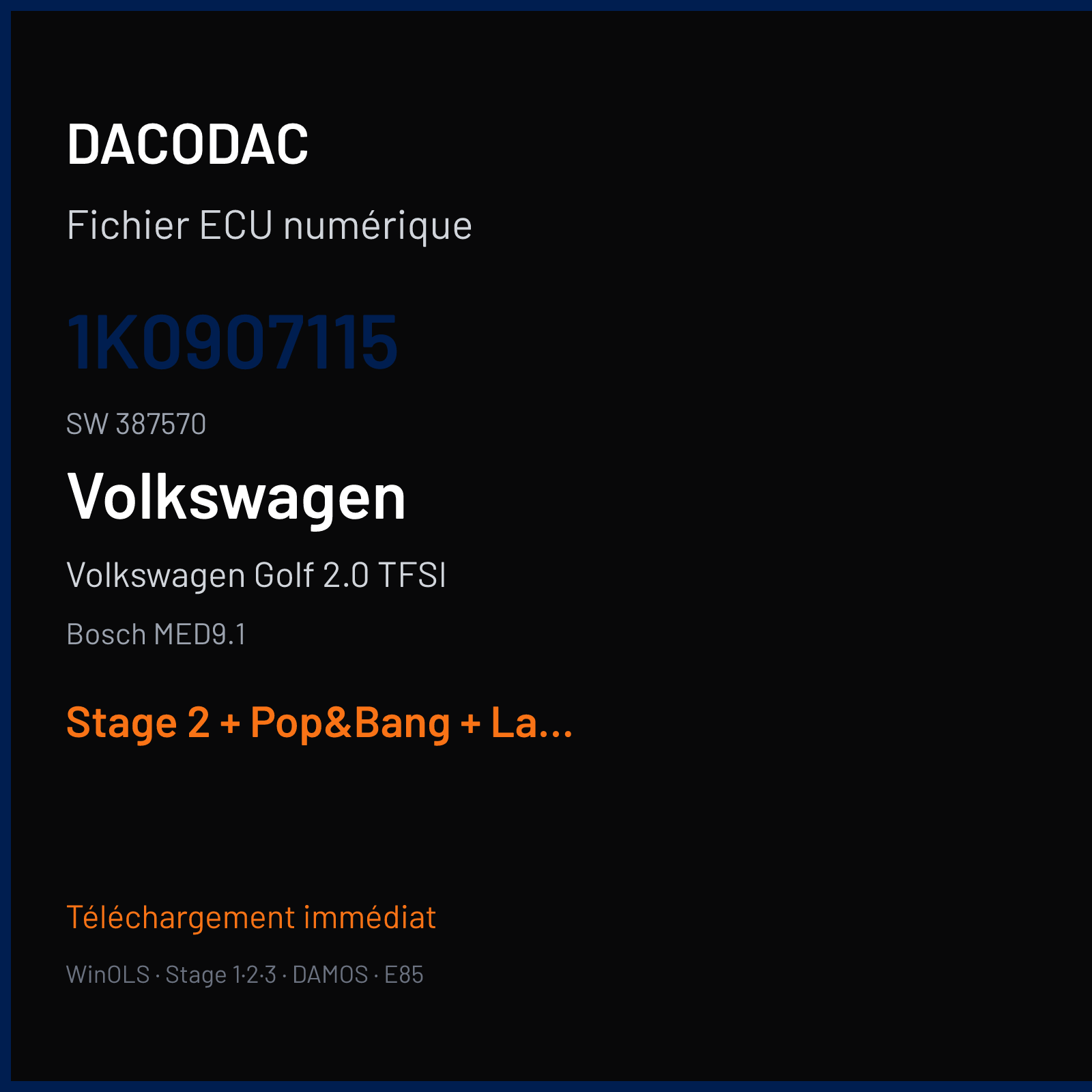 Volkswagen Golf 2.0 TFSI (2007) — Bosch MED9.1 — 1K0907115 · 387570 — Stage 2 + Pop&Bang + Launch