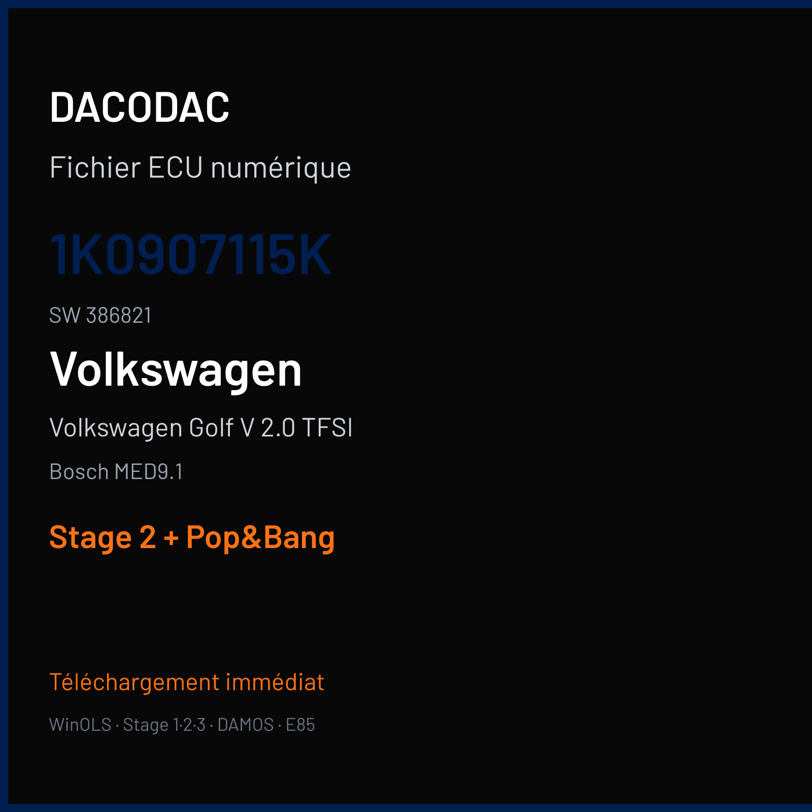 Volkswagen Golf V 2.0 TFSI (2007) — Bosch MED9.1 — 1K0907115K · 386821 — Stage 2 + Pop&Bang