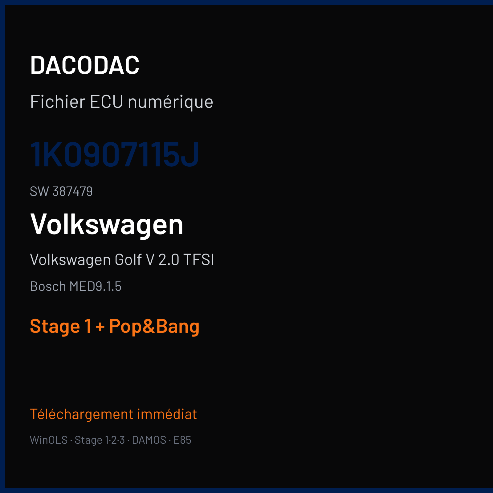 Volkswagen Golf V 2.0 TFSI (2003) — Bosch MED9.1.5 — 1K0907115J · 387479 — Stage 1 + Pop&Bang