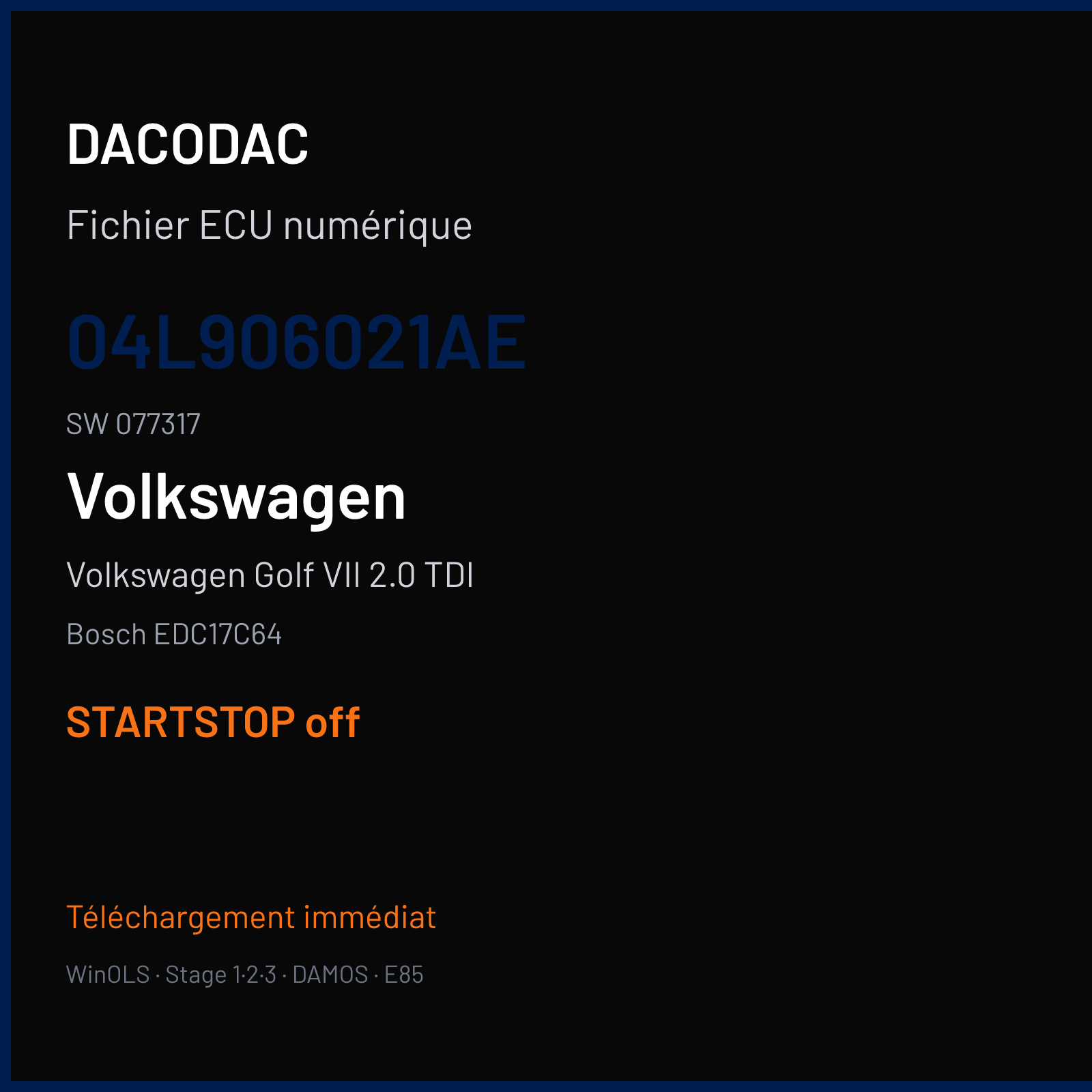 Volkswagen Golf VII 2.0 TDI (2014) — Bosch EDC17C64 — 04L906021AE · 077317 — STARTSTOP off