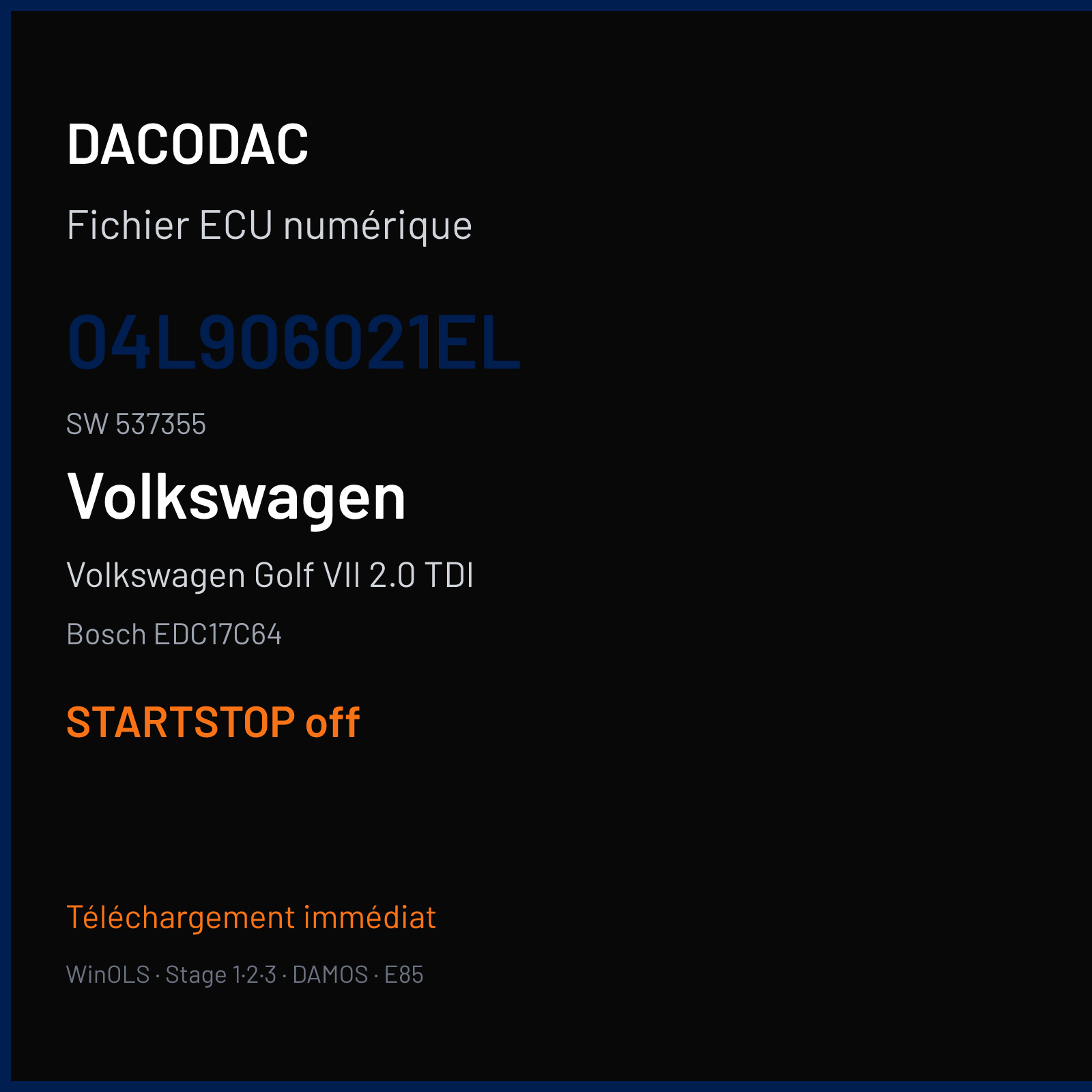 Volkswagen Golf VII 2.0 TDI (2013) — Bosch EDC17C64 — 04L906021EL · 537355 — STARTSTOP off
