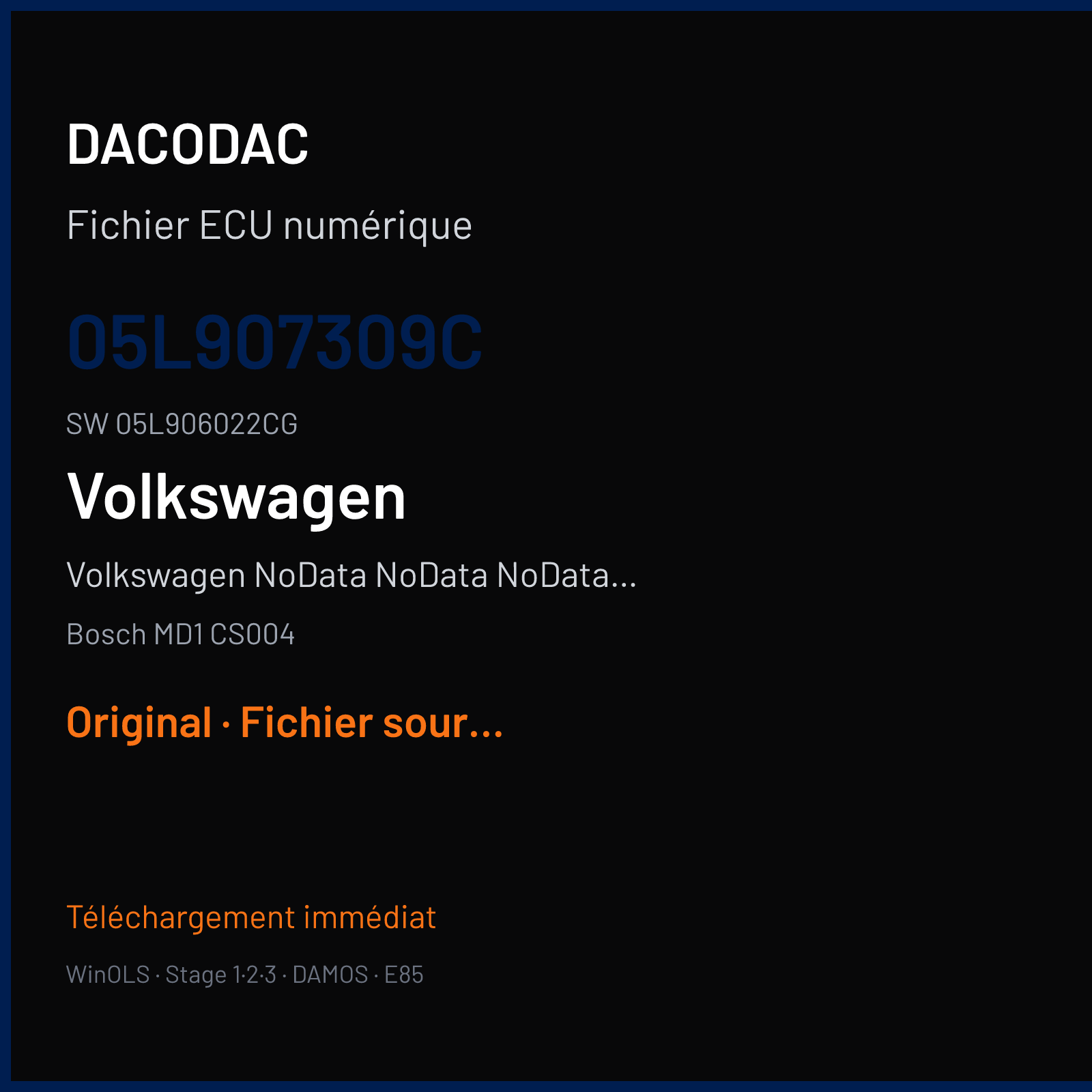 Volkswagen NoData NoData NoData NoData — Bosch MD1 CS004 — 05L907309C · 05L906022CG · 071508 — Original