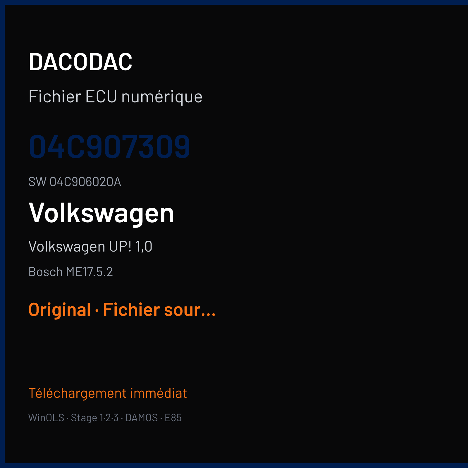Volkswagen UP! 1,0 75 ch — Bosch ME17.5.2 — 04C907309 · 04C906020A · 538183 — Original