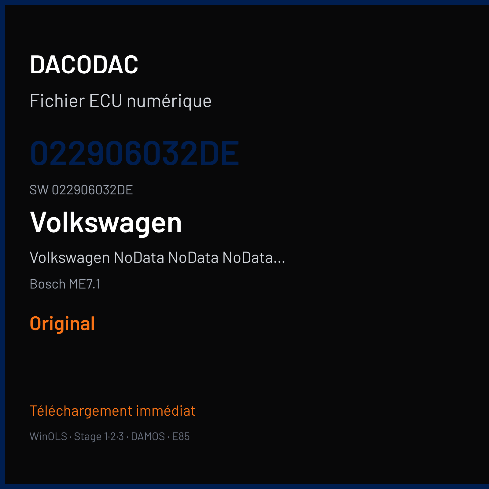 Volkswagen NoData NoData NoData NoData 204 ch — Bosch ME7.1 — 022906032DE · 022906032DE · 367503 — Original