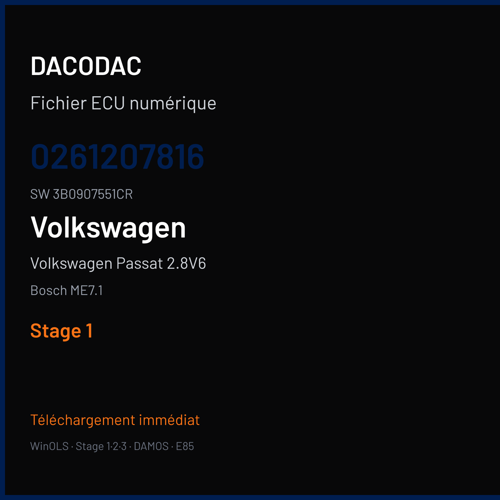 Volkswagen Passat 2.8V6 193 ch (2003) — Bosch ME7.1 — 0261207816 · 3B0907551CR · 366445 — Stage 1