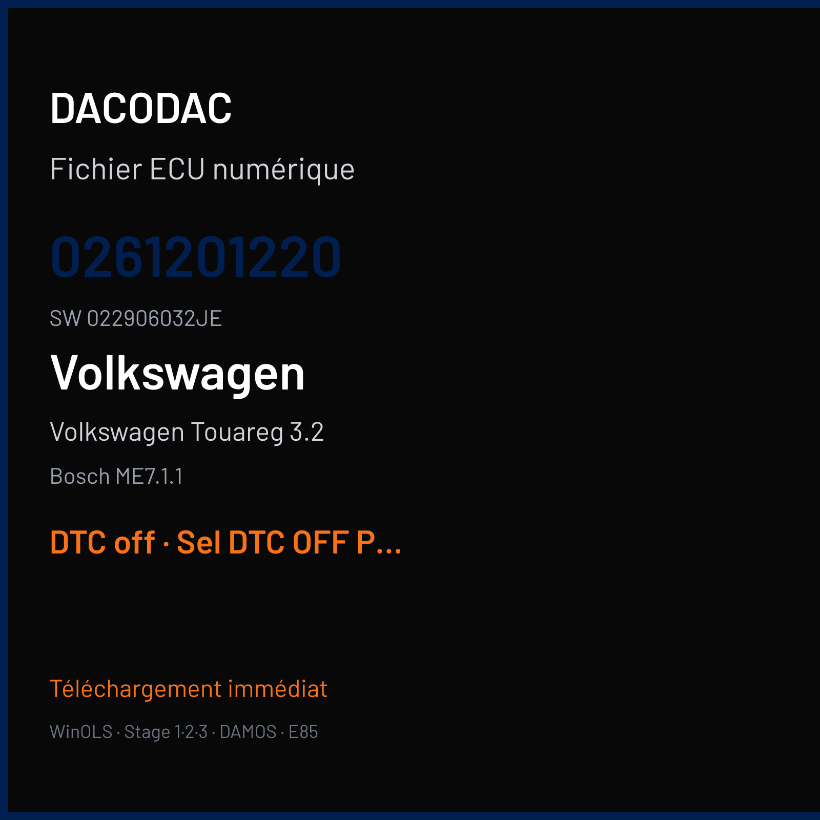 Volkswagen Touareg 3.2 177 ch (2007) — Bosch ME7.1.1 — 0261201220 · 022906032JE · 377082 — DTC off