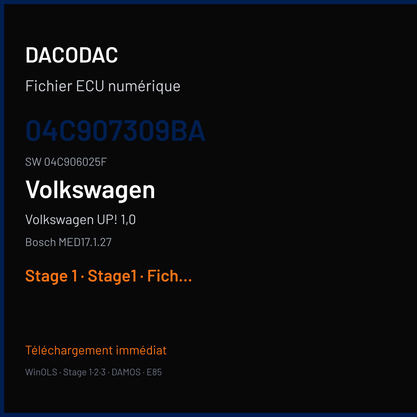 Volkswagen UP! 1,0 (2020) — Bosch MED17.1.27 — 04C907309BA · 04C906025F — Stage 1