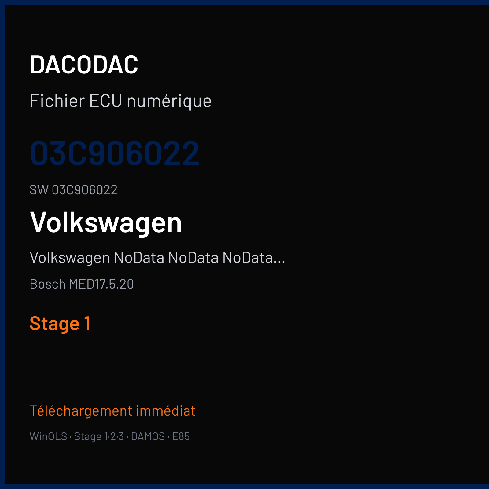 Volkswagen NoData NoData NoData NoData 125 ch — Bosch MED17.5.20 — 03C906022 · 03C906022 · 393746 — Stage 1