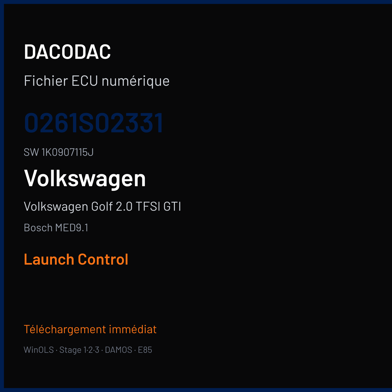 Volkswagen Golf 2.0 TFSI GTI 200 ch (2006) — Bosch MED9.1 — 0261S02331 · 1K0907115J · 1037387479 — Launch Control