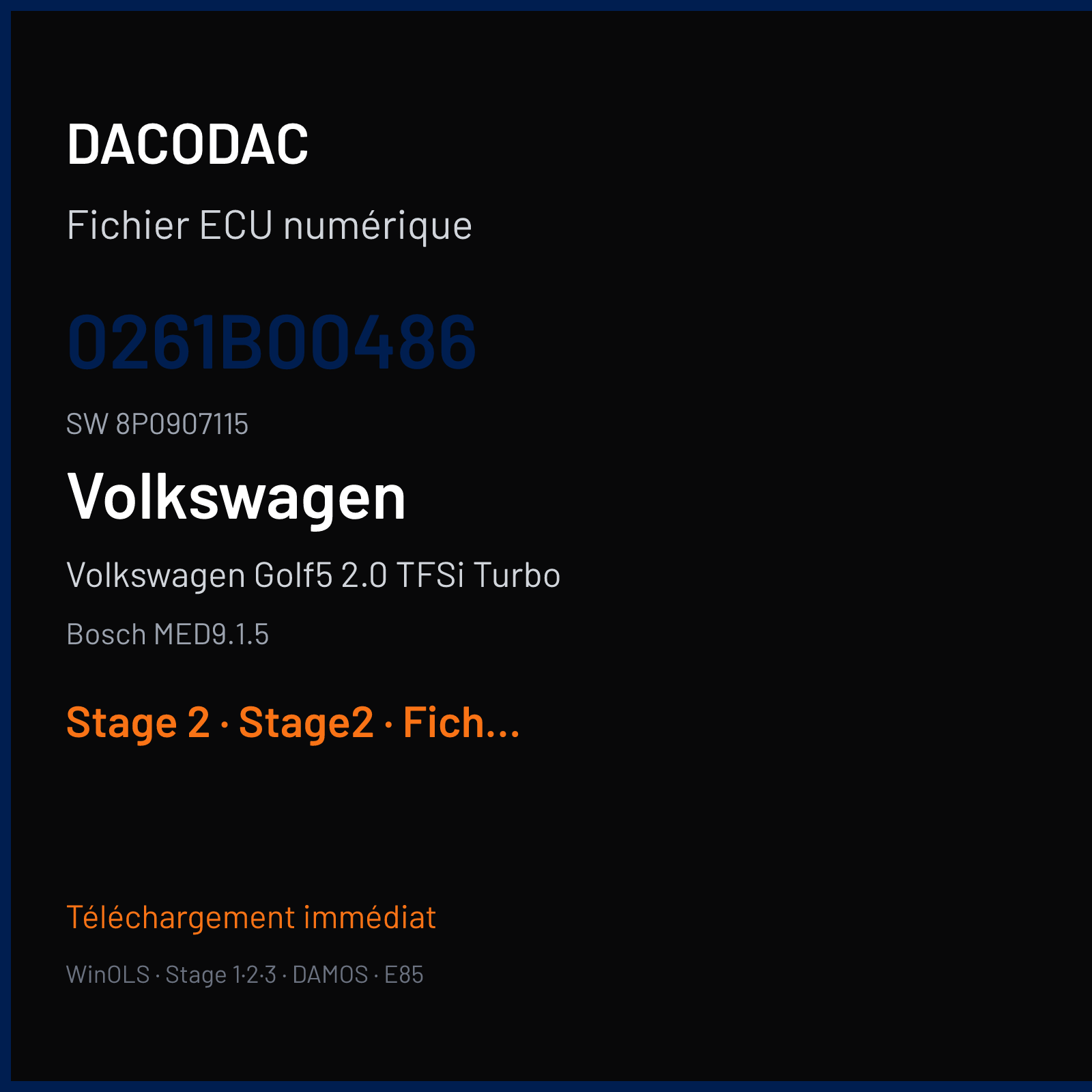 Volkswagen Golf5 2.0 TFSi Turbo (2005) — Bosch MED9.1.5 — 0261B00486 · 8P0907115 — Stage 2