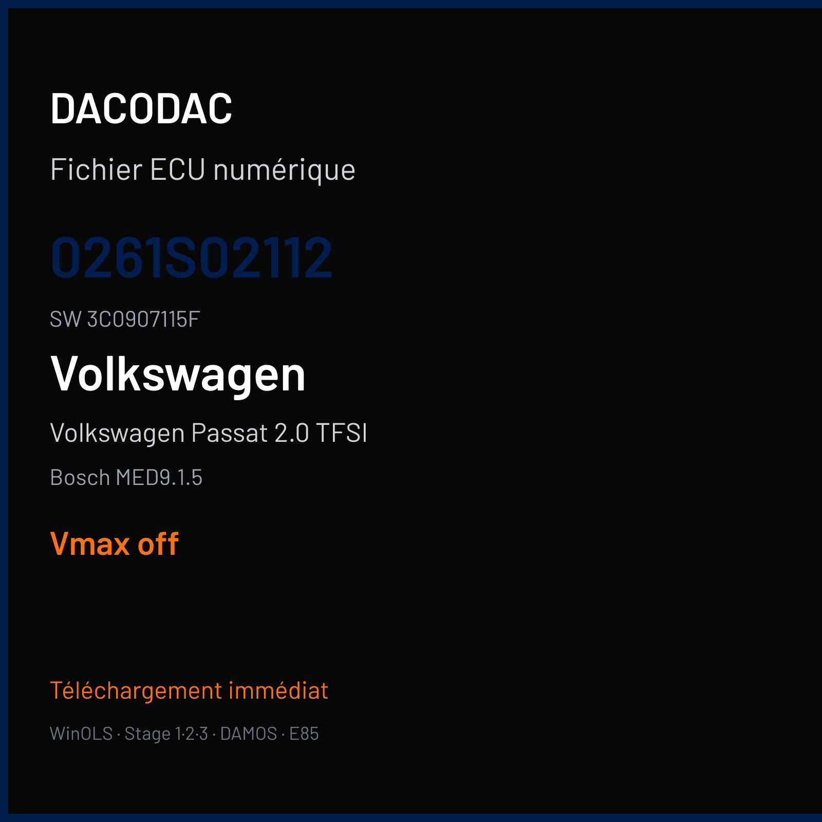 Volkswagen Passat 2.0 TFSI 200 ch — Bosch MED9.1.5 — 0261S02112 · 3C0907115F · 391668 — VMAX off