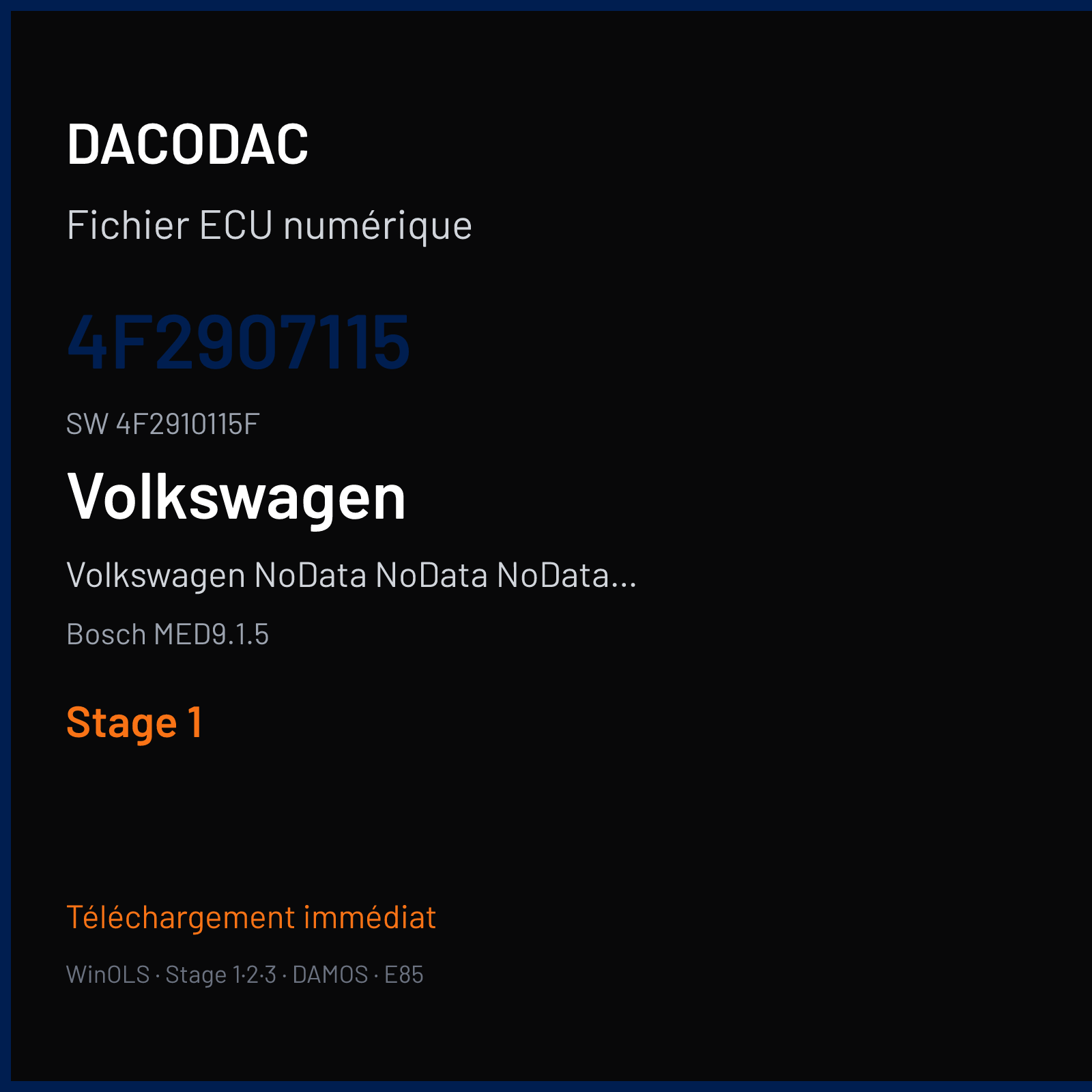 Volkswagen NoData NoData NoData NoData 169 ch — Bosch MED9.1.5 — 4F2907115 · 4F2910115F · 394380 — Stage 1