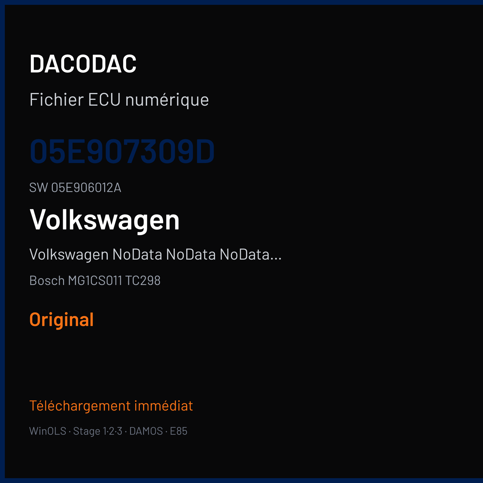Volkswagen NoData NoData NoData NoData 129 ch — Bosch MG1CS011 TC298 — 05E907309D · 05E906012A · 057275 — Original