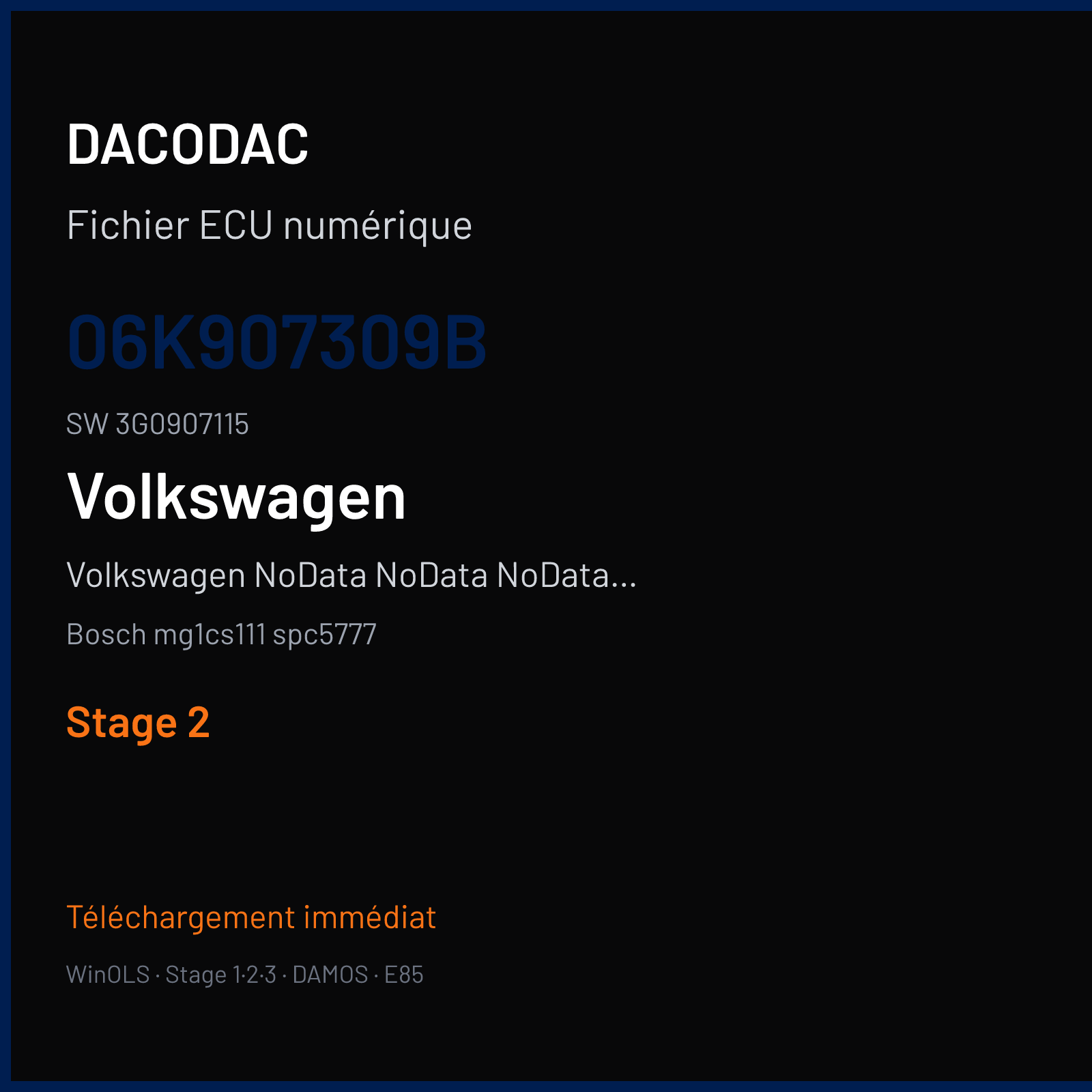 Volkswagen NoData NoData NoData NoData 190 ch — Bosch mg1cs111 spc5777 — 06K907309B · 3G0907115 · 045750 vag — Stage 2