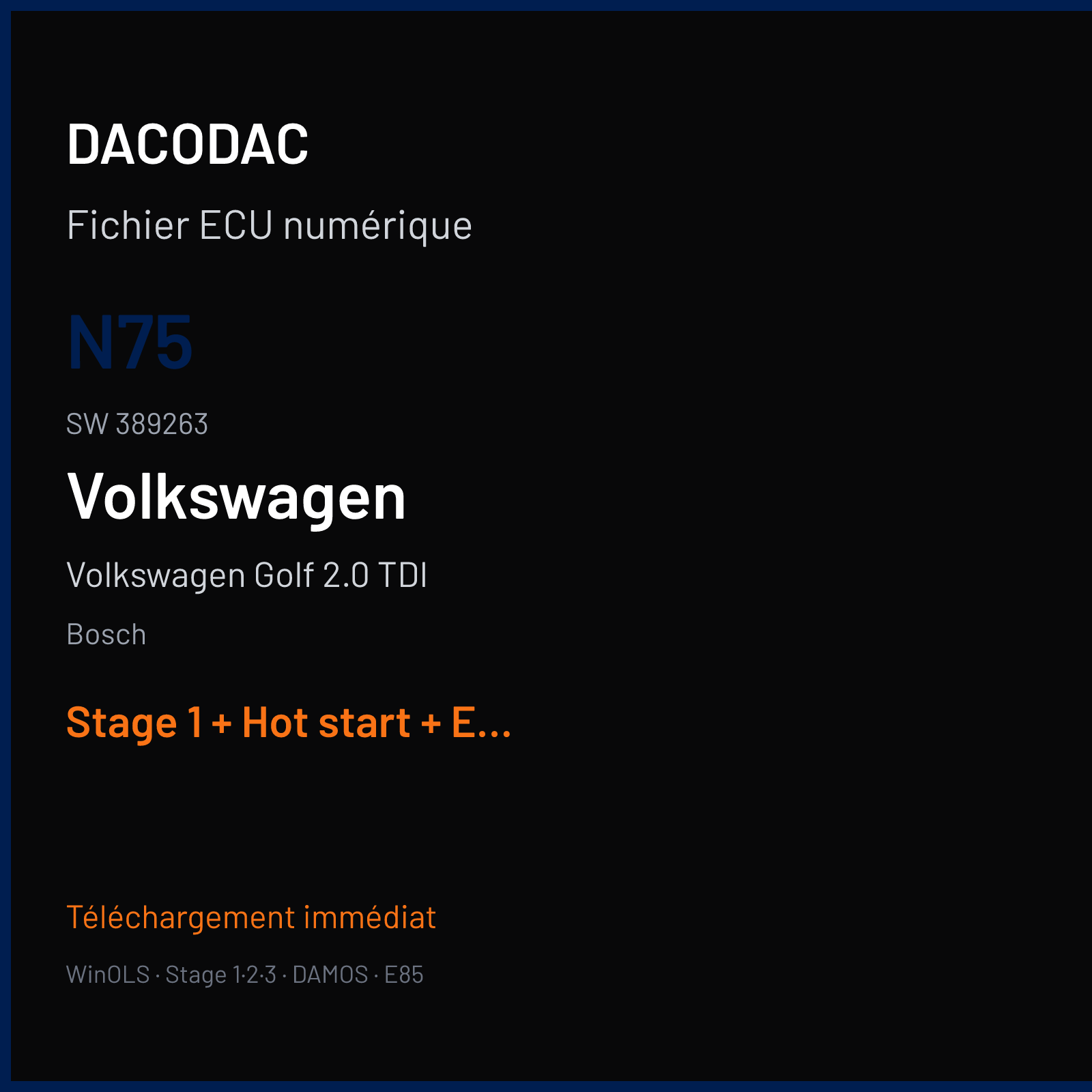 Volkswagen Golf 2.0 TDI (2008) — Bosch — N75 · 389263 — Stage 1 + Hot start + EGR off