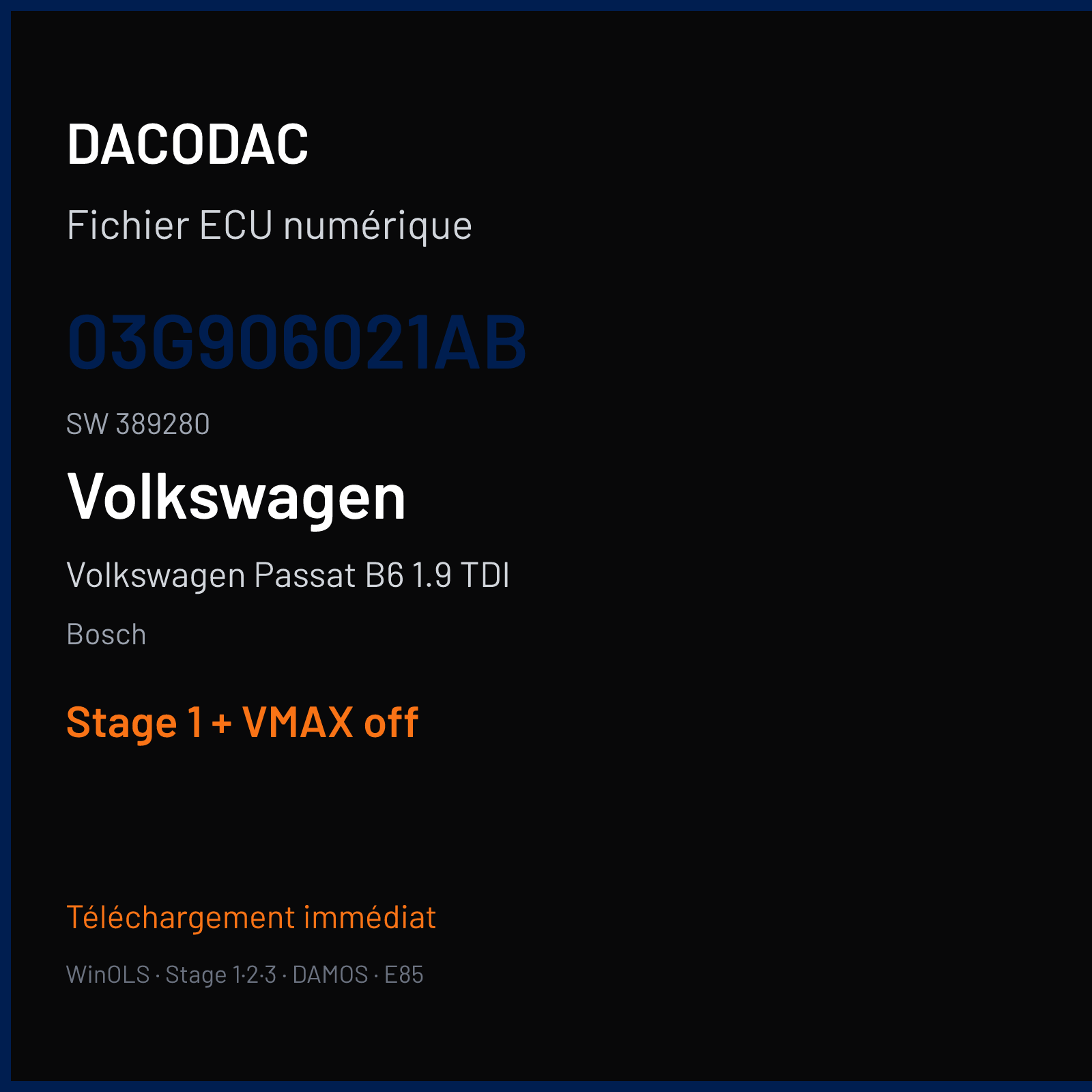 Volkswagen Passat B6 1.9 TDI (2007) — Bosch — 03G906021AB · 389280 — Stage 1 + VMAX off
