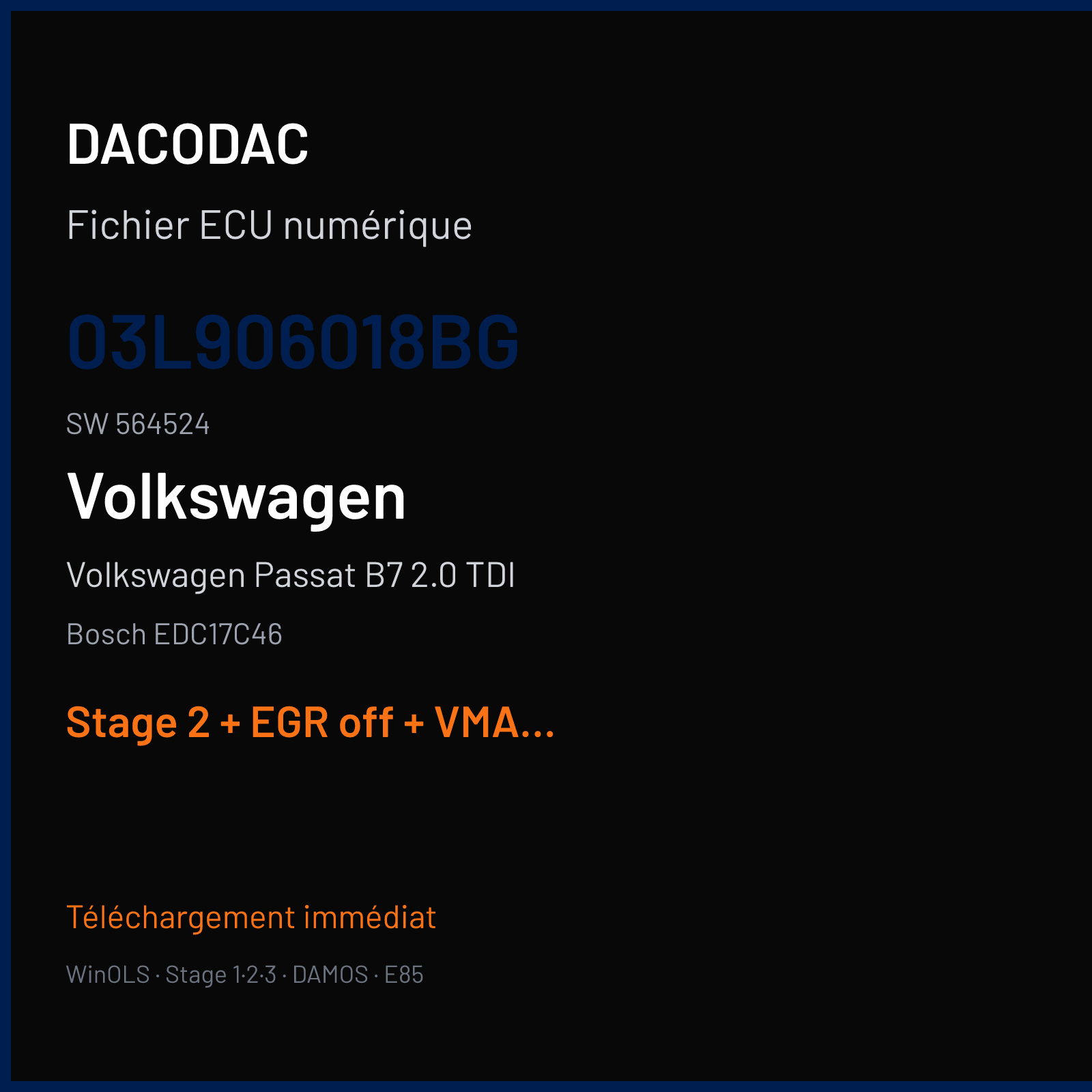 Volkswagen Passat B7 2.0 TDI (2011) — Bosch EDC17C46 — 03L906018BG · 564524 — Stage 2 + EGR off + VMAX off + STARTSTOP off