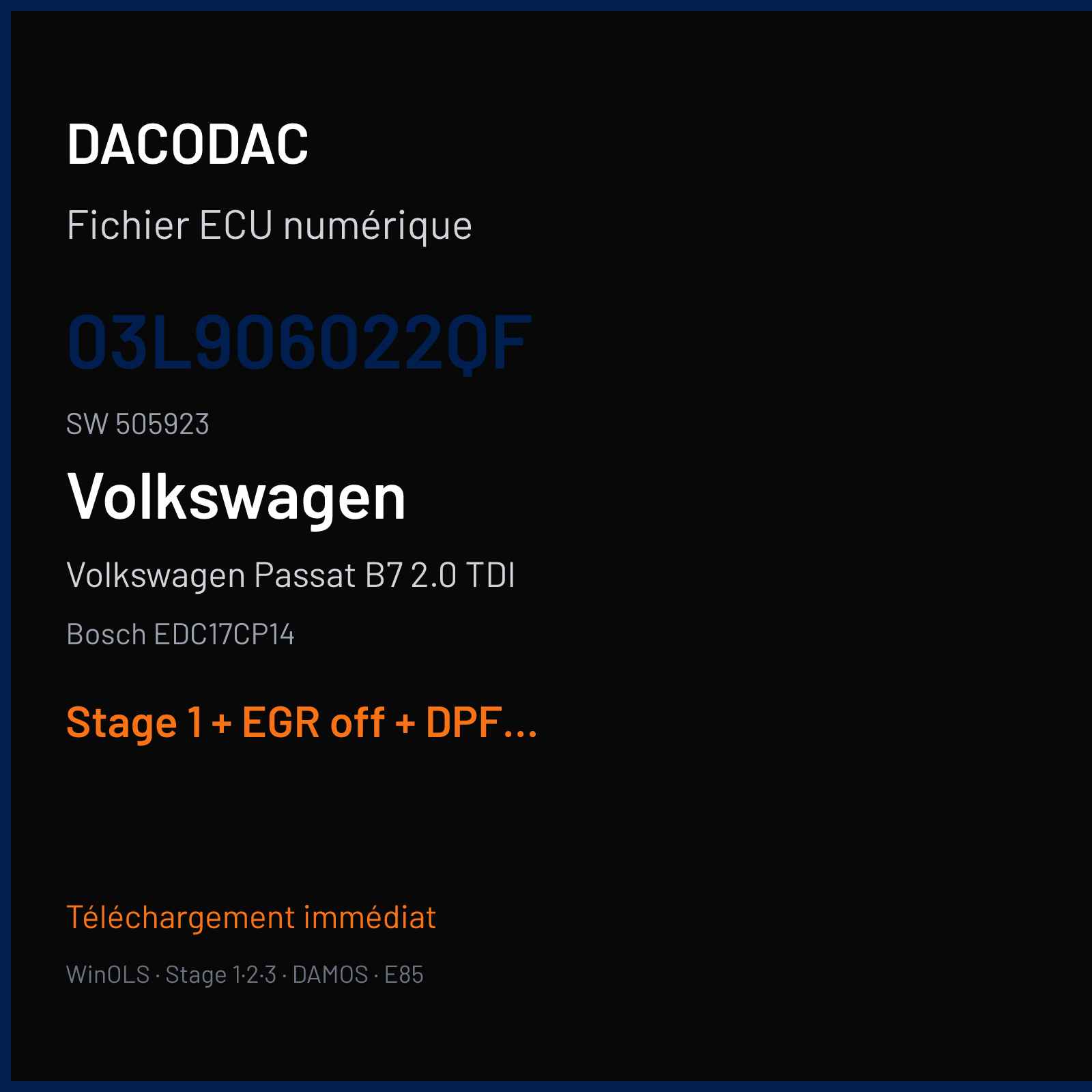 Volkswagen Passat B7 2.0 TDI (2010) — Bosch EDC17CP14 — 03L906022QF · 505923 — Stage 1 + EGR off + DPF off