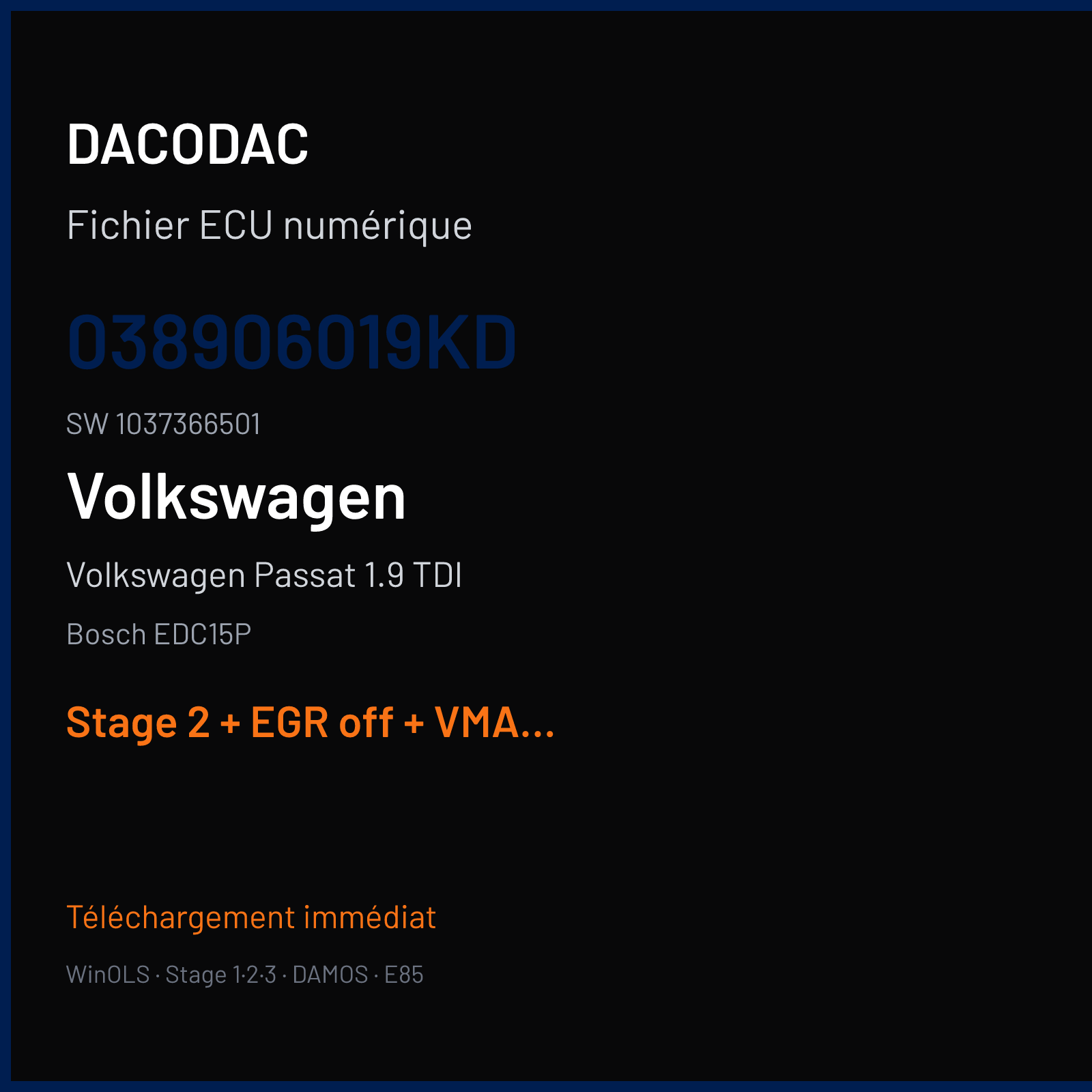 Volkswagen Passat 1.9 TDI (2003) — Bosch EDC15P — 038906019KD · 1037366501 — Stage 2 + EGR off + VMAX off