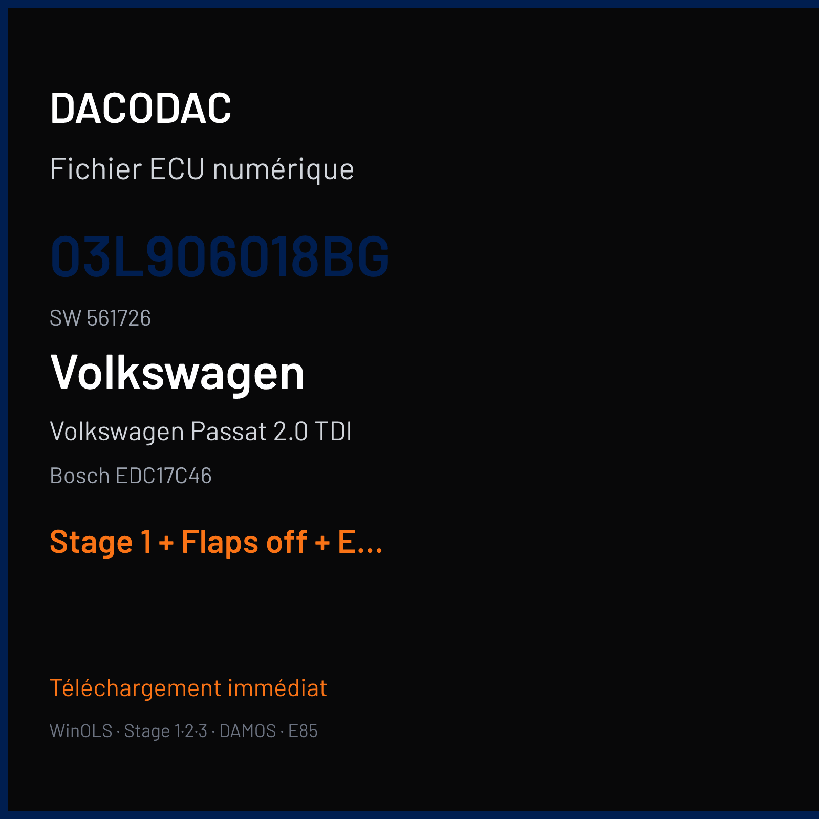Volkswagen Passat 2.0 TDI (2012) — Bosch EDC17C46 — 03L906018BG · 561726 — Stage 1 + Flaps off + EGR off + DPF off + VMAX off + STARTSTOP off
