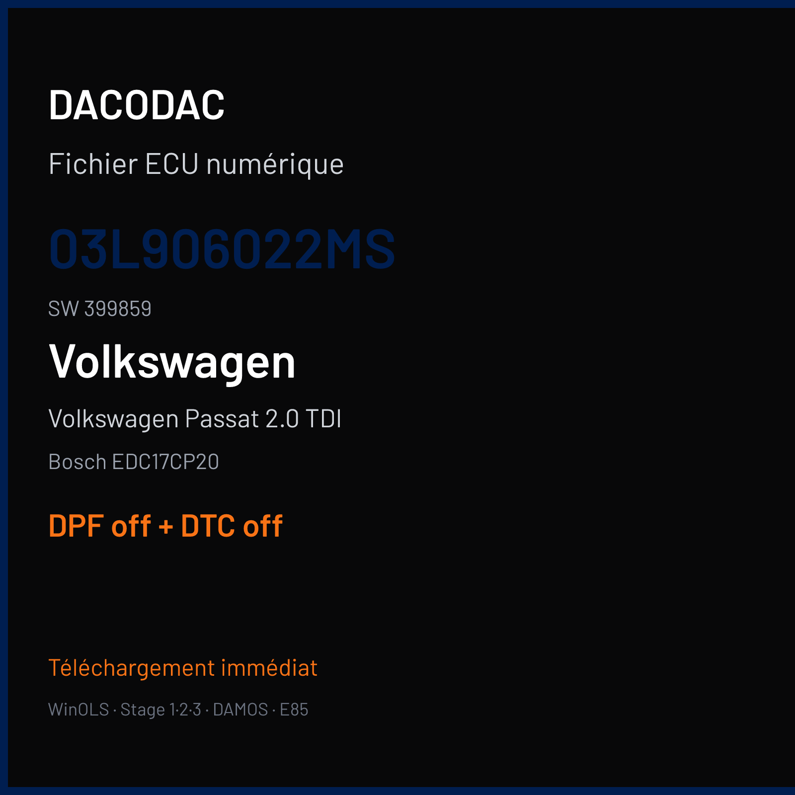 Volkswagen Passat 2.0 TDI — Bosch EDC17CP20 — 03L906022MS · 399859 — DPF off + DTC off
