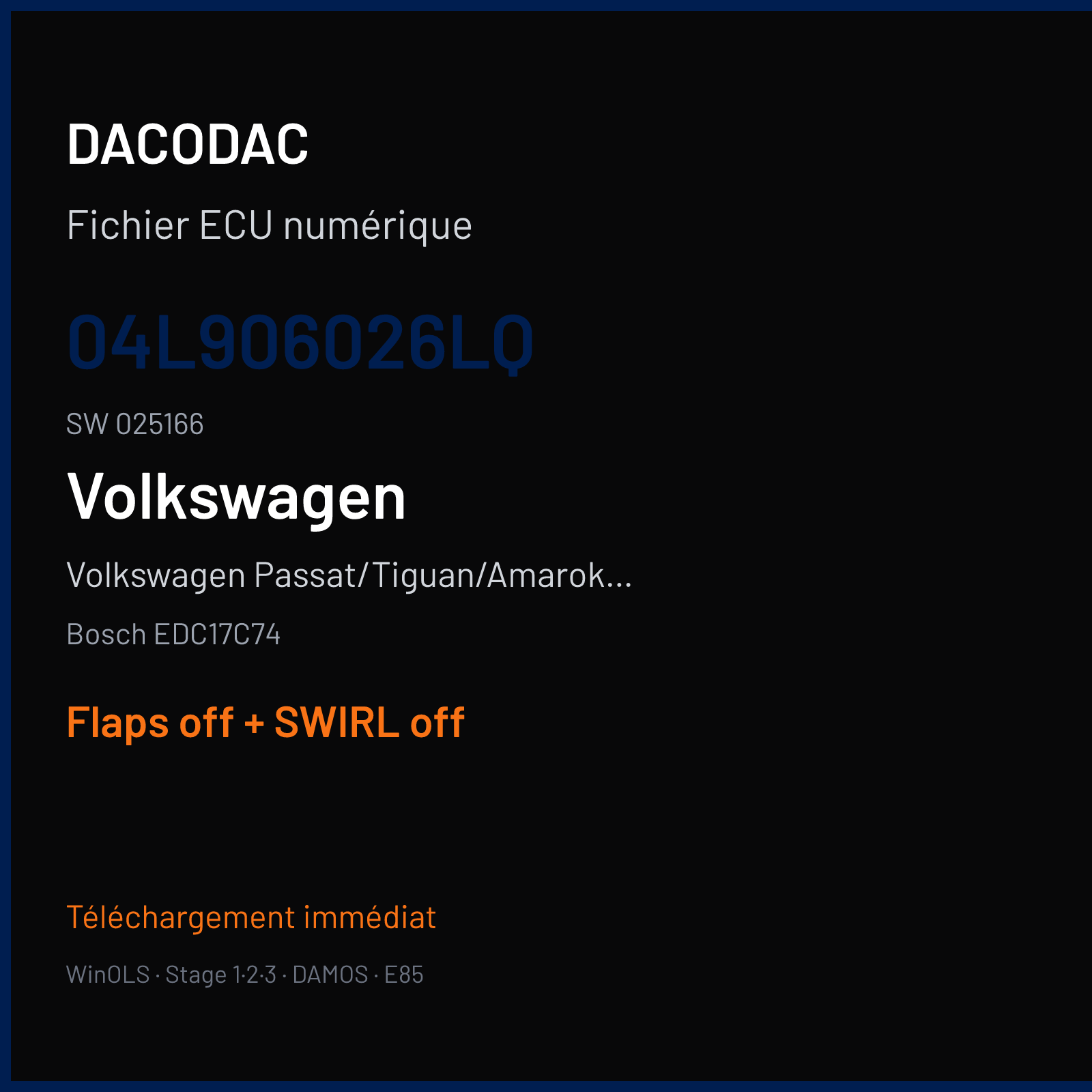 Volkswagen Passat/Tiguan/Amarok 2.0 TDI — Bosch EDC17C74 — 04L906026LQ · 025166 — Flaps off + SWIRL off