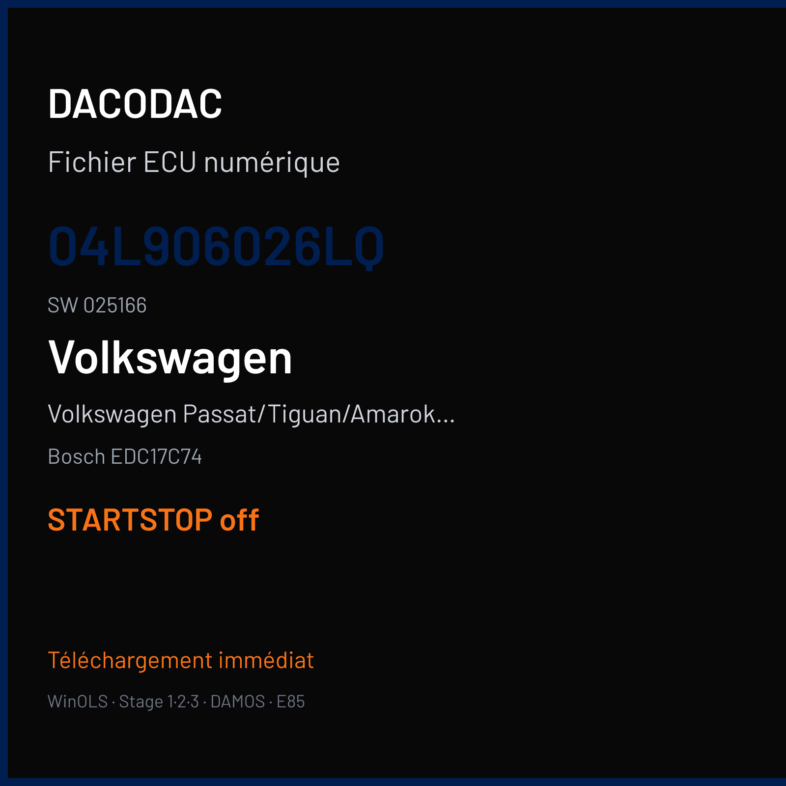 Volkswagen Passat/Tiguan/Amarok 2.0 TDI — Bosch EDC17C74 — 04L906026LQ · 025166 — STARTSTOP off