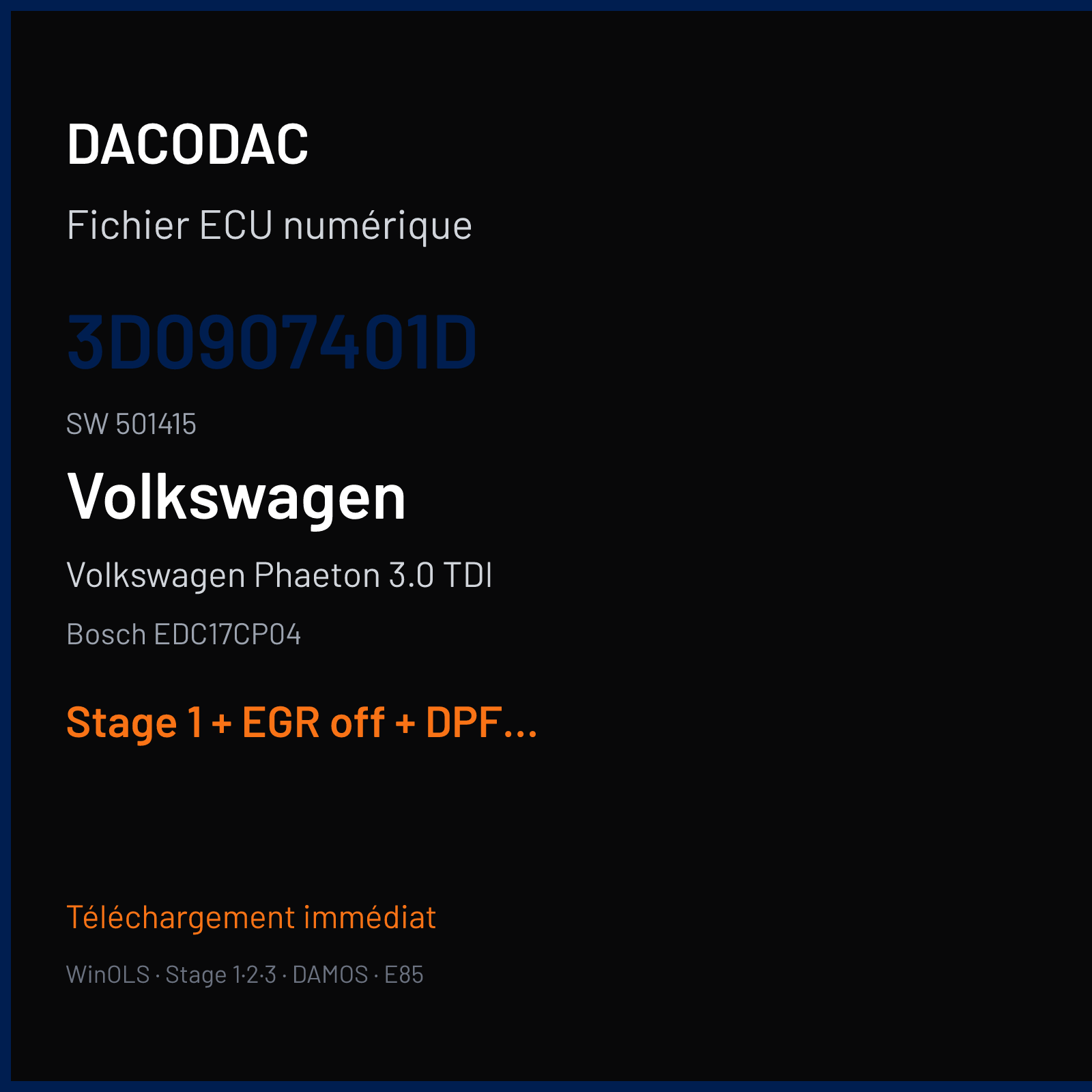 Volkswagen Phaeton 3.0 TDI — Bosch EDC17CP04 — 3D0907401D · 501415 — Stage 1 + EGR off + DPF off + DTC off
