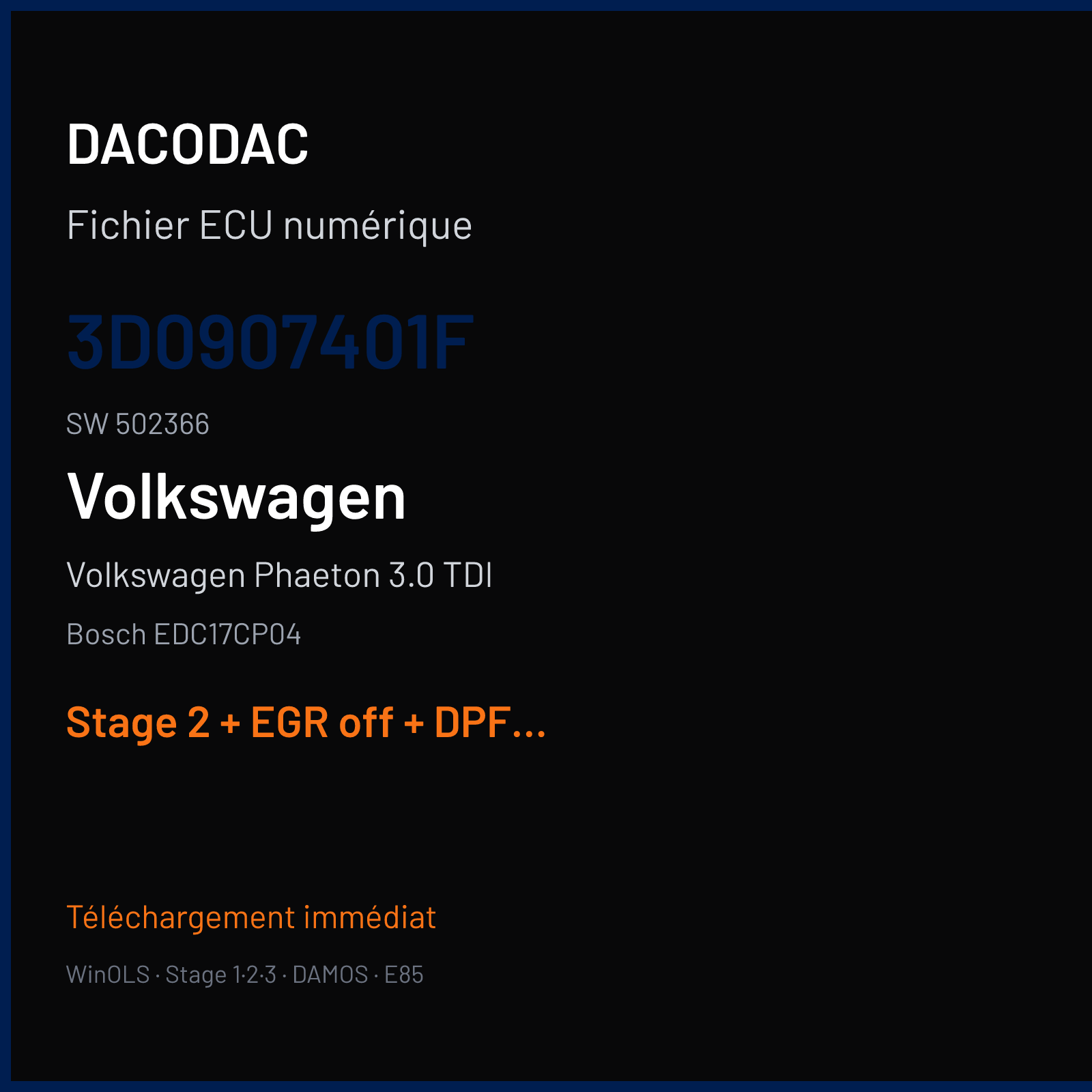 Volkswagen Phaeton 3.0 TDI (2008) — Bosch EDC17CP04 — 3D0907401F · 502366 — Stage 2 + EGR off + DPF off