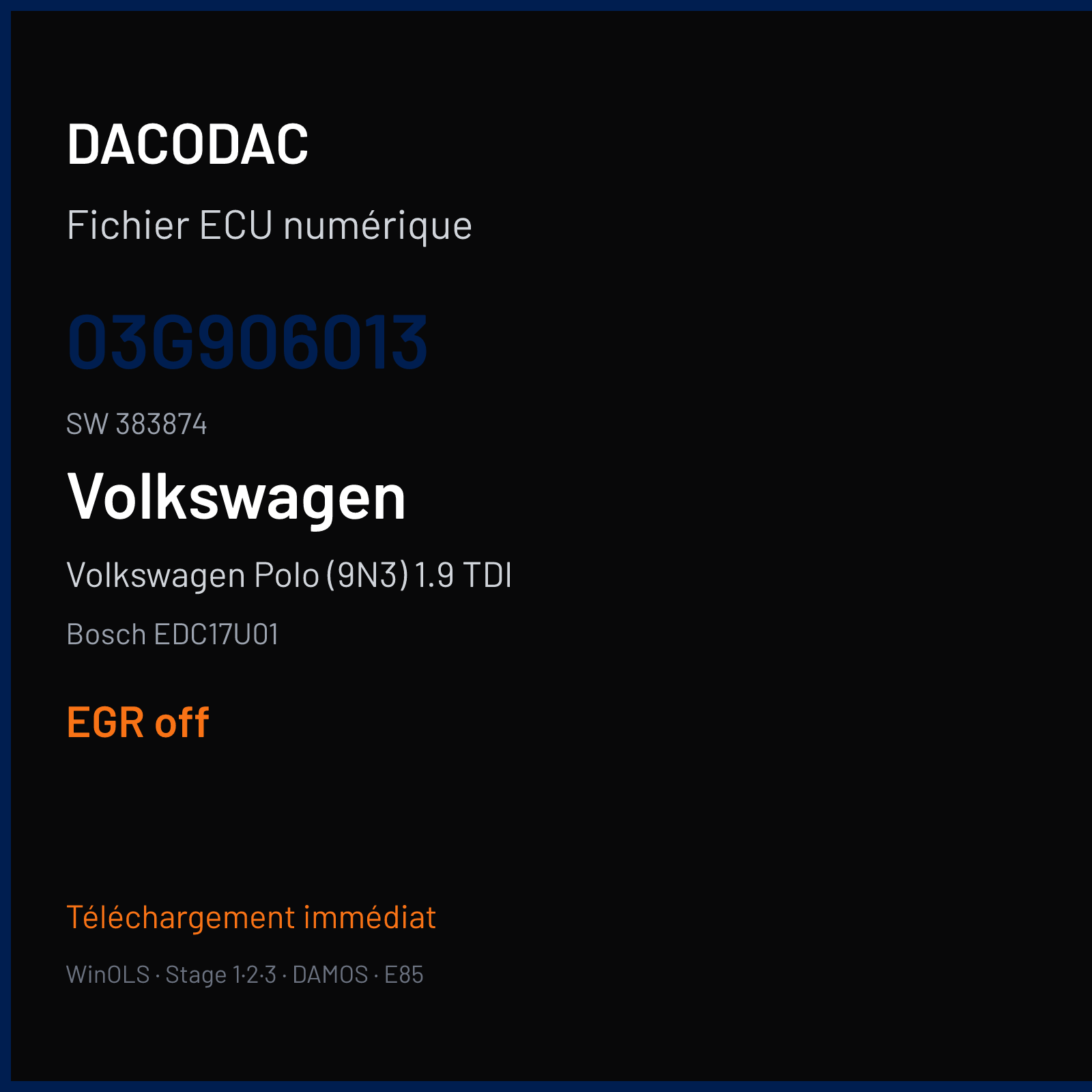 Volkswagen Polo (9N3) 1.9 TDI (2008) — Bosch EDC17U01 — 03G906013 · 383874 — EGR off