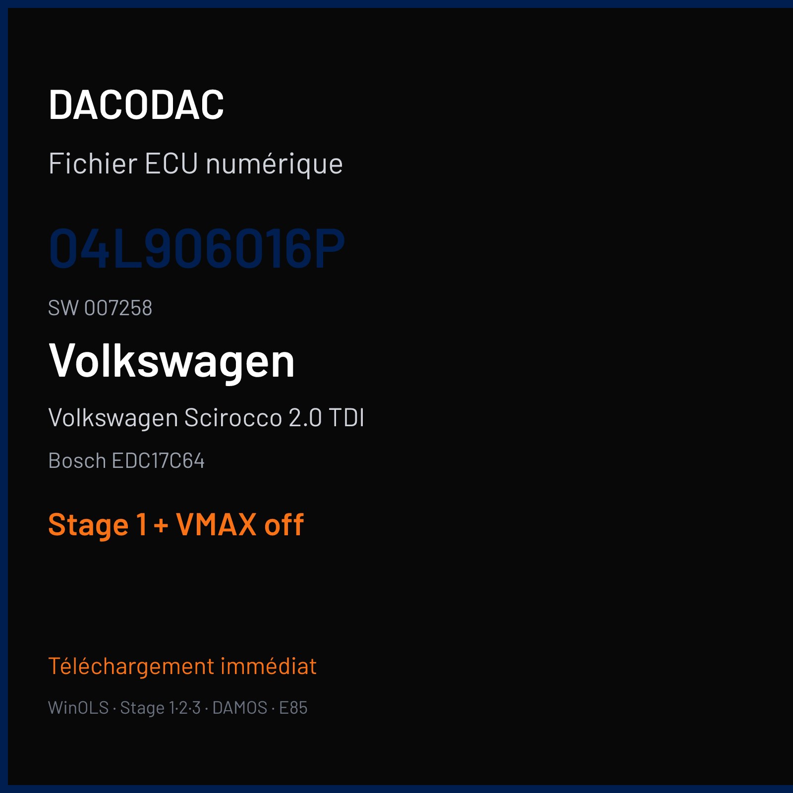 Volkswagen Scirocco 2.0 TDI (2014) — Bosch EDC17C64 — 04L906016P · 007258 — Stage 1 + VMAX off
