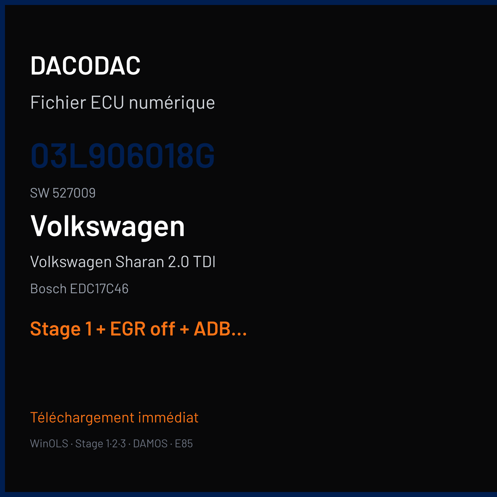 Volkswagen Sharan 2.0 TDI (2016) — Bosch EDC17C46 — 03L906018G · 527009 — Stage 1 + EGR off + ADBLUE off + VMAX off