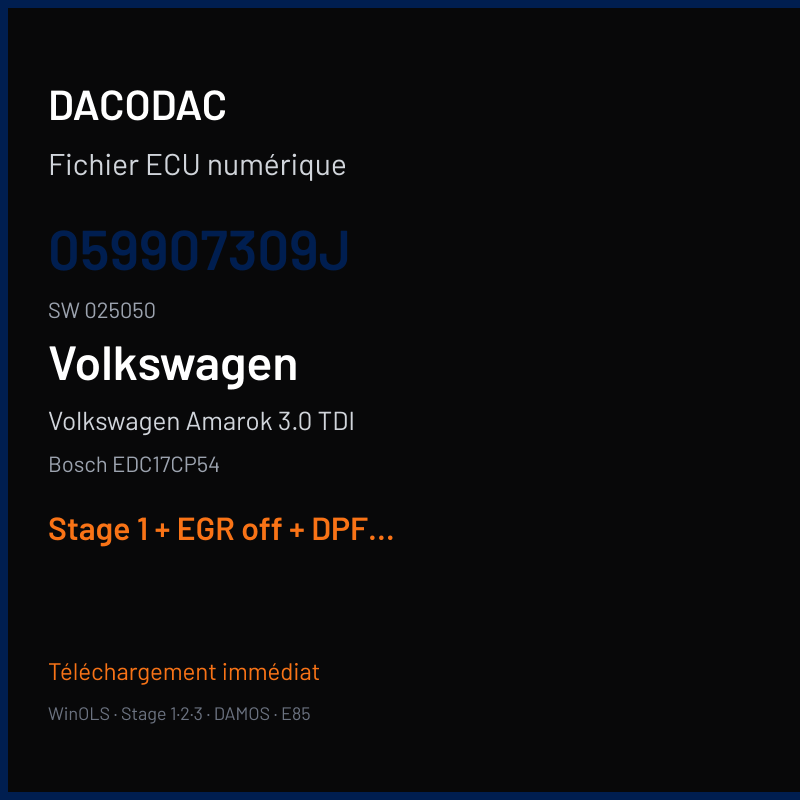 Volkswagen Amarok 3.0 TDI (2017) — Bosch EDC17CP54 — 059907309J · 025050 — Stage 1 + EGR off + DPF off
