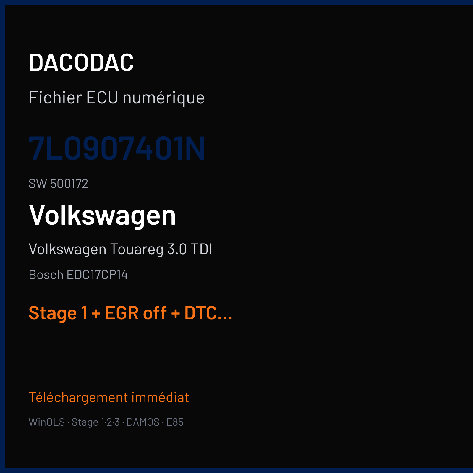Volkswagen Touareg 3.0 TDI — Bosch EDC17CP14 — 7L0907401N · 500172 — Stage 1 + EGR off + DTC off + VMAX off