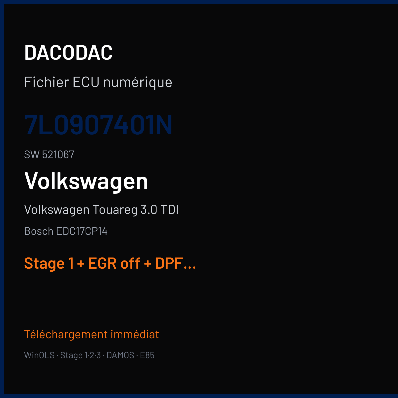 Volkswagen Touareg 3.0 TDI (2008) — Bosch EDC17CP14 — 7L0907401N · 521067 — Stage 1 + EGR off + DPF off + VMAX off + TVA off