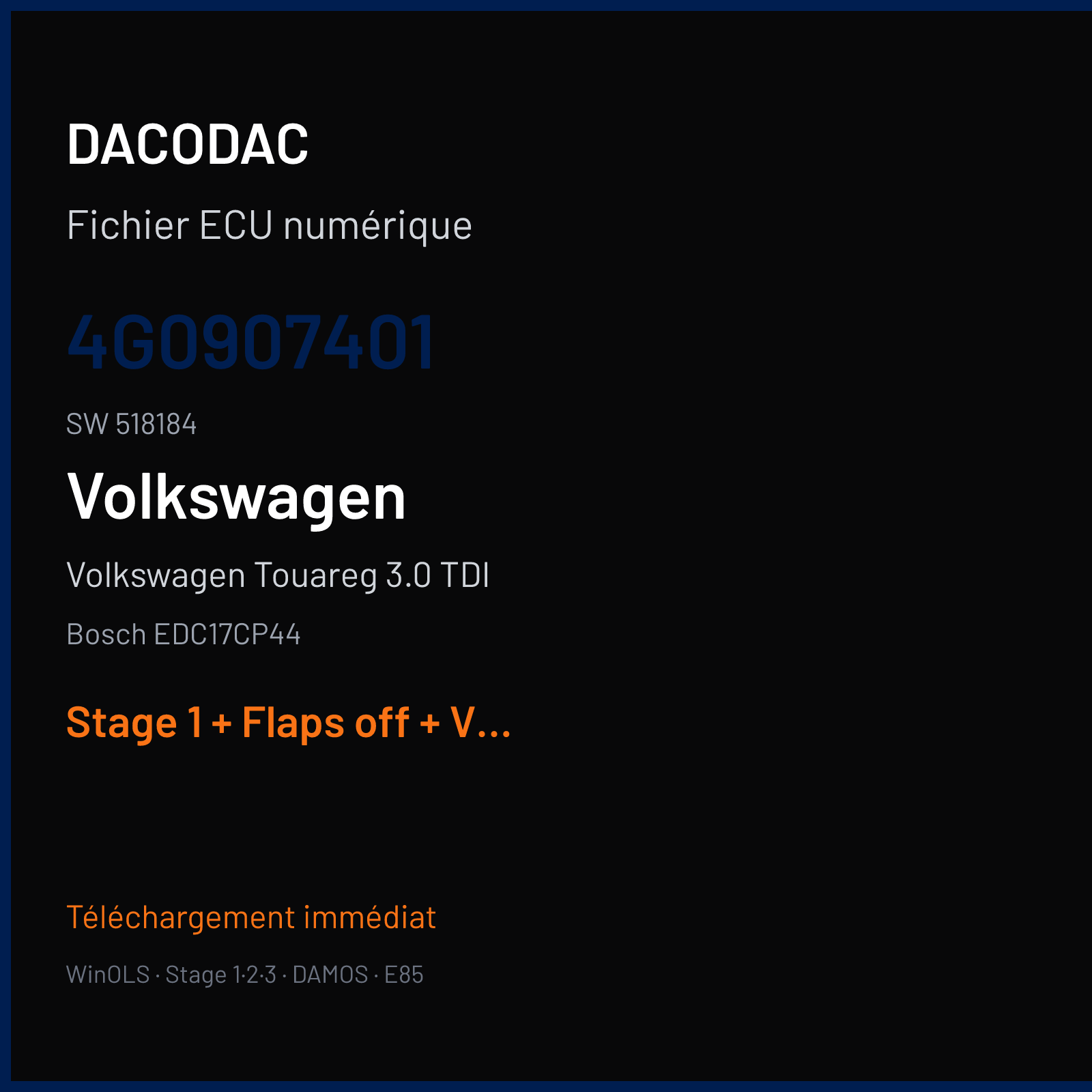 Volkswagen Touareg 3.0 TDI (2013) — Bosch EDC17CP44 — 4G0907401 · 518184 — Stage 1 + Flaps off + VMAX off
