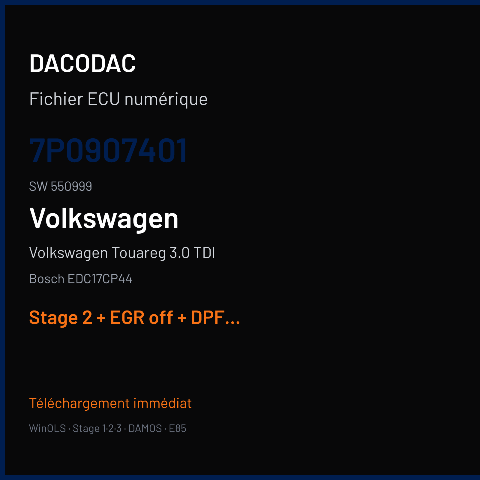 Volkswagen Touareg 3.0 TDI (2010) — Bosch EDC17CP44 — 7P0907401 · 550999 — Stage 2 + EGR off + DPF off + VMAX off
