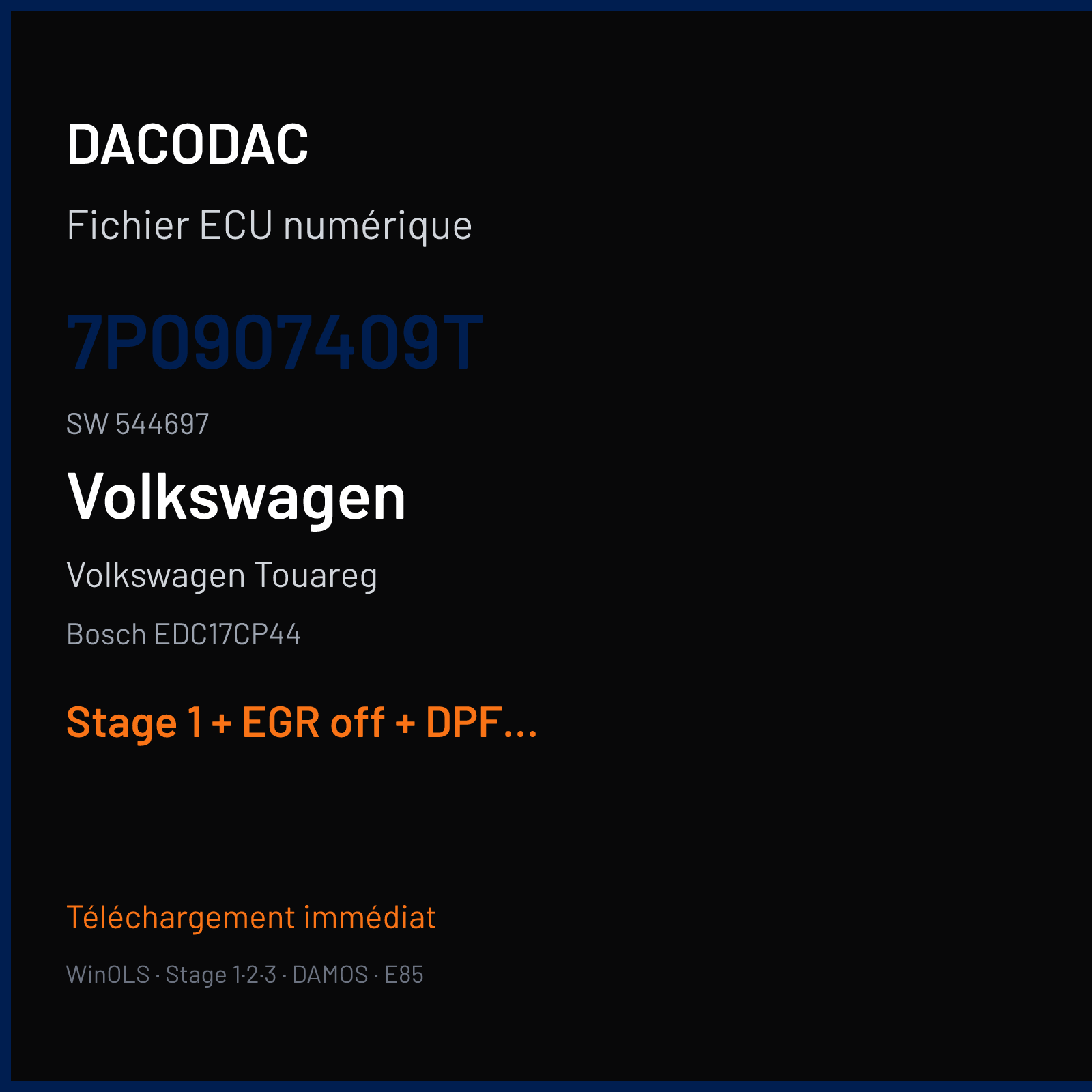 Volkswagen Touareg (2013) — Bosch EDC17CP44 — 7P0907409T · 544697 — Stage 1 + EGR off + DPF off + VMAX off
