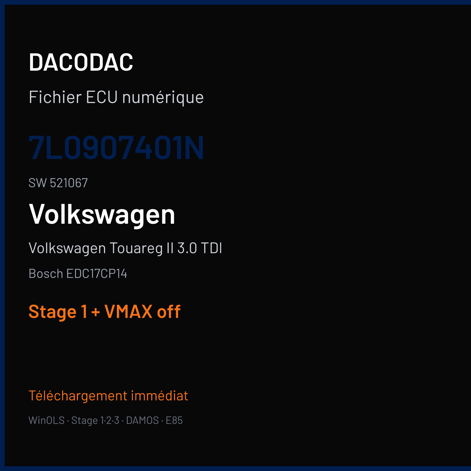 Volkswagen Touareg II 3.0 TDI (2008) — Bosch EDC17CP14 — 7L0907401N · 521067 — Stage 1 + VMAX off