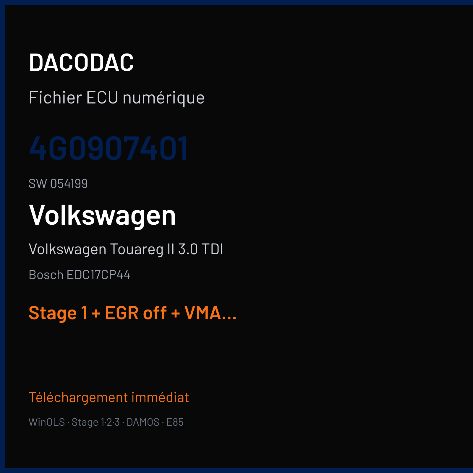 Volkswagen Touareg II 3.0 TDI (2014) — Bosch EDC17CP44 — 4G0907401 · 054199 — Stage 1 + EGR off + VMAX off