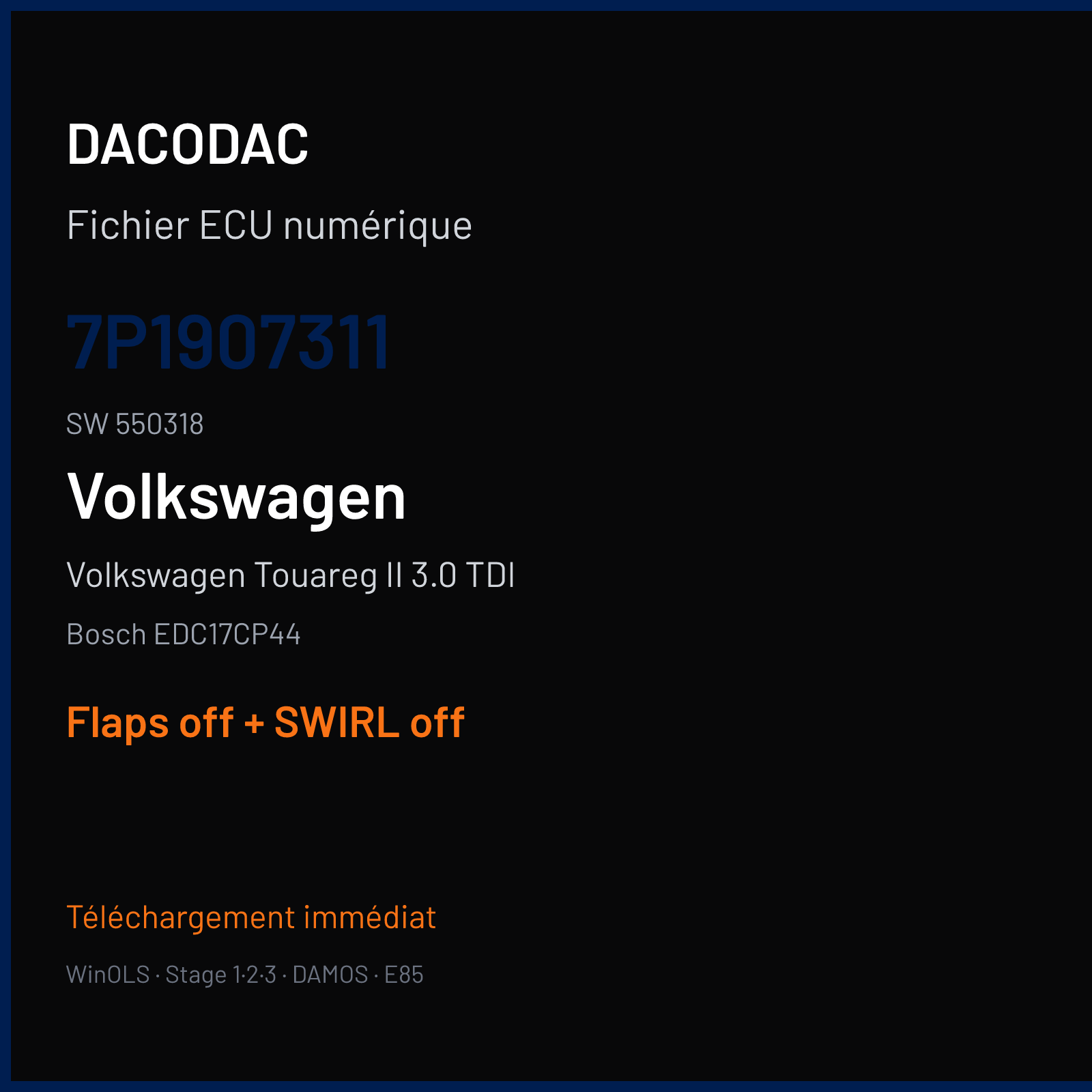 Volkswagen Touareg II 3.0 TDI (2015) — Bosch EDC17CP44 — 7P1907311 · 550318 — Flaps off + SWIRL off