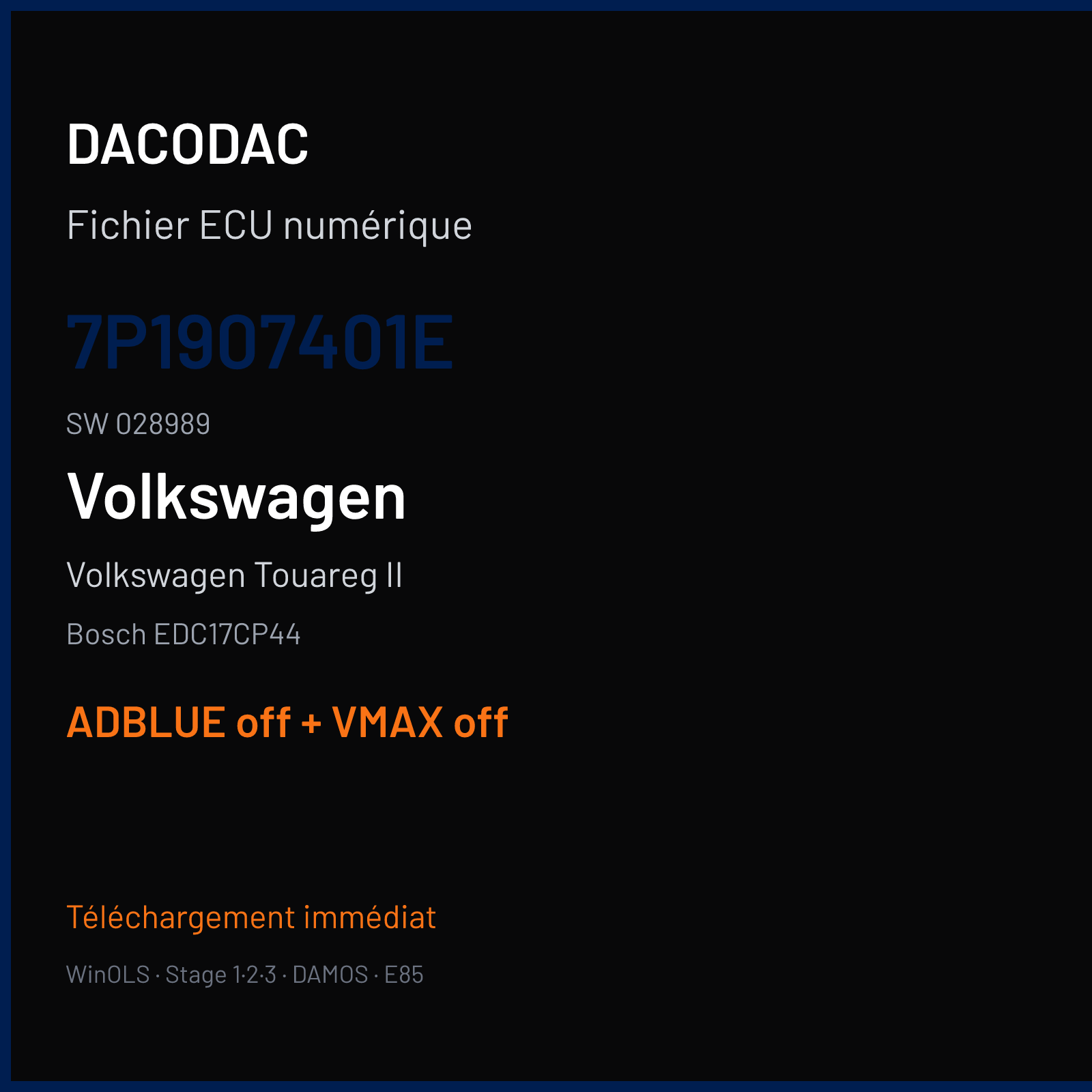 Volkswagen Touareg II — Bosch EDC17CP44 — 7P1907401E · 028989 — ADBLUE off + VMAX off