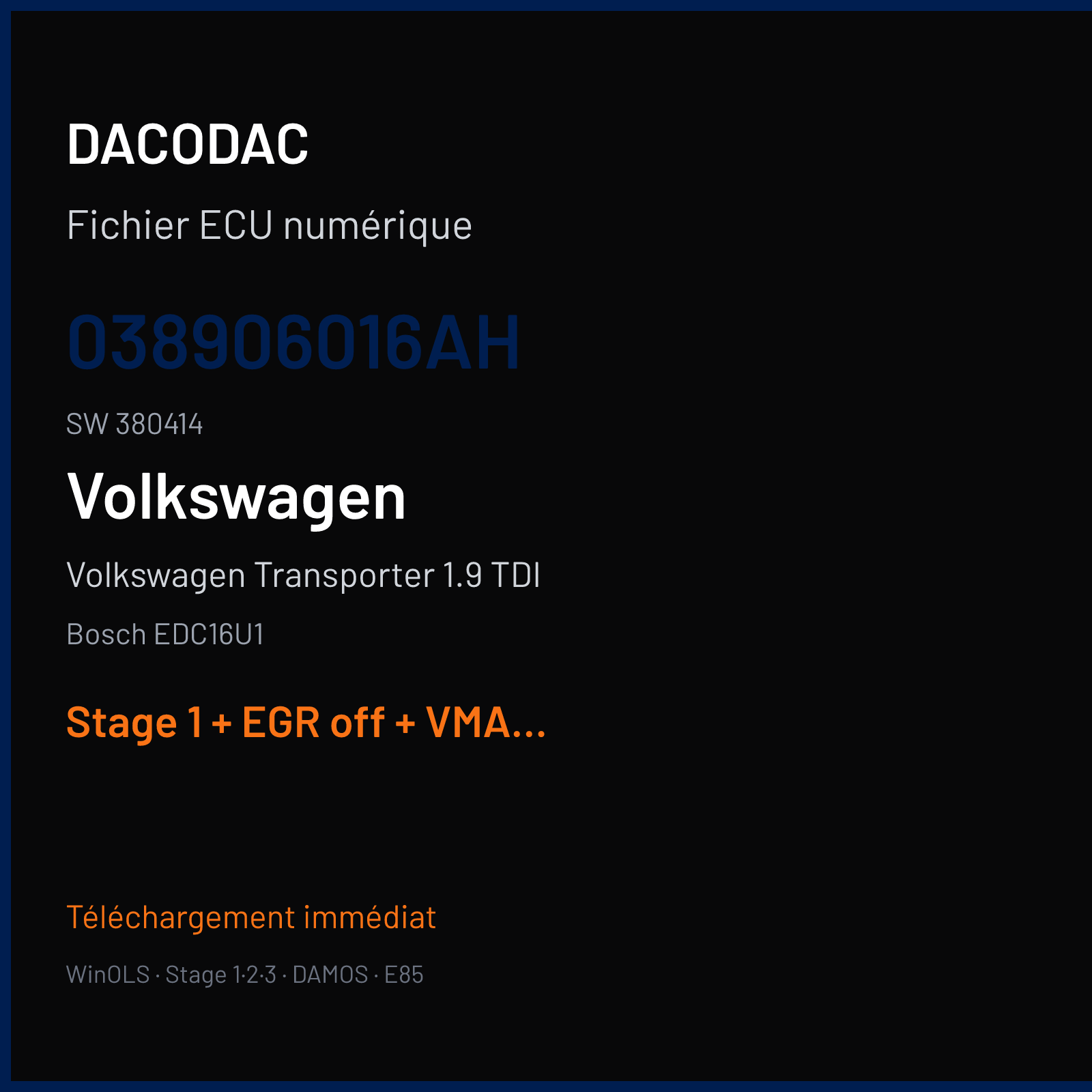 Volkswagen Transporter 1.9 TDI (2006) — Bosch EDC16U1 — 038906016AH · 380414 — Stage 1 + EGR off + VMAX off