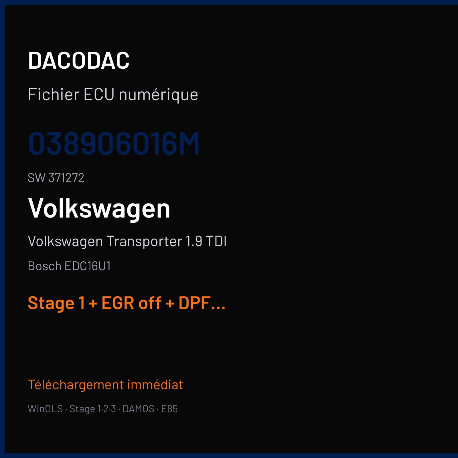 Volkswagen Transporter 1.9 TDI (2004) — Bosch EDC16U1 — 038906016M · 371272 — Stage 1 + EGR off + DPF off