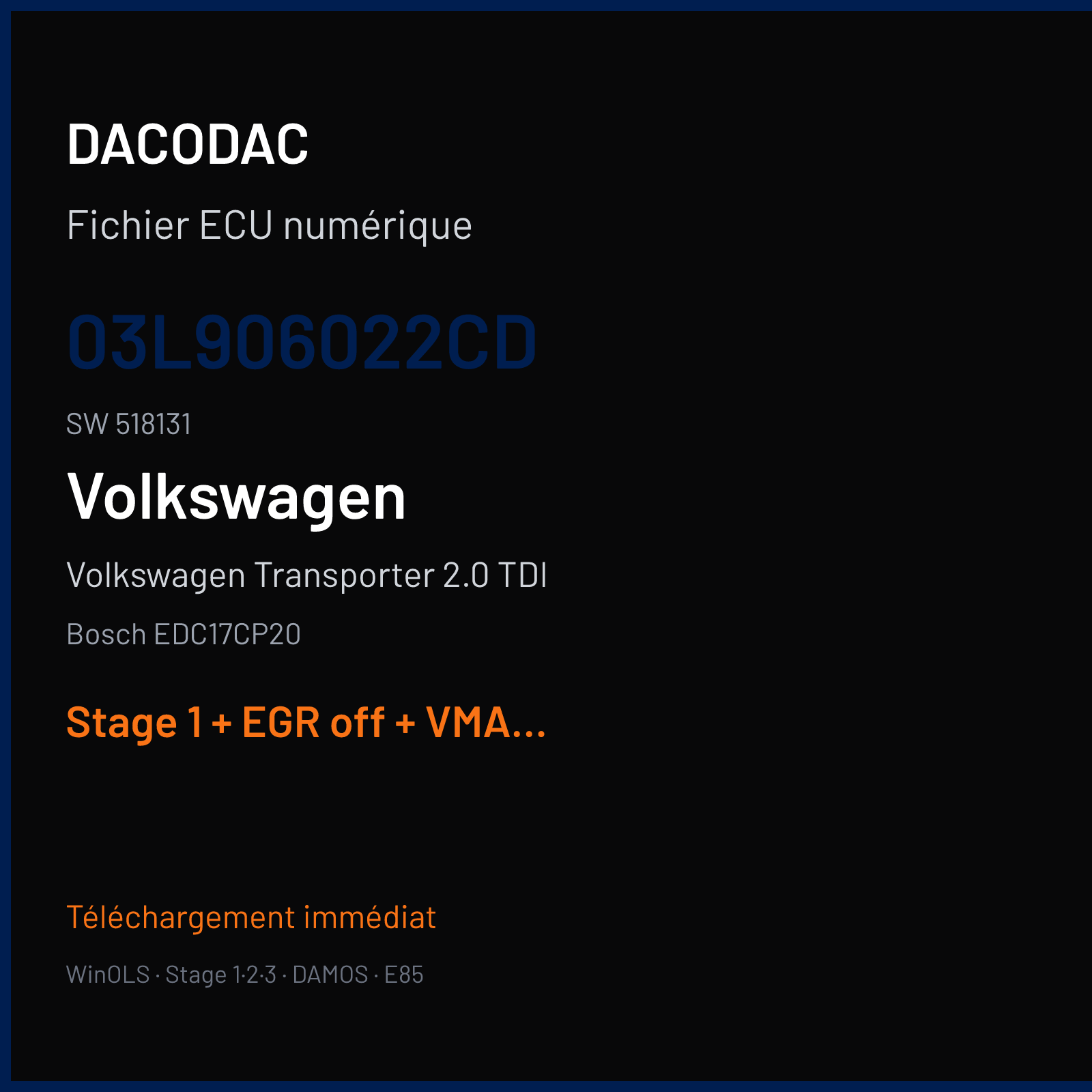 Volkswagen Transporter 2.0 TDI (2012) — Bosch EDC17CP20 — 03L906022CD · 518131 — Stage 1 + EGR off + VMAX off