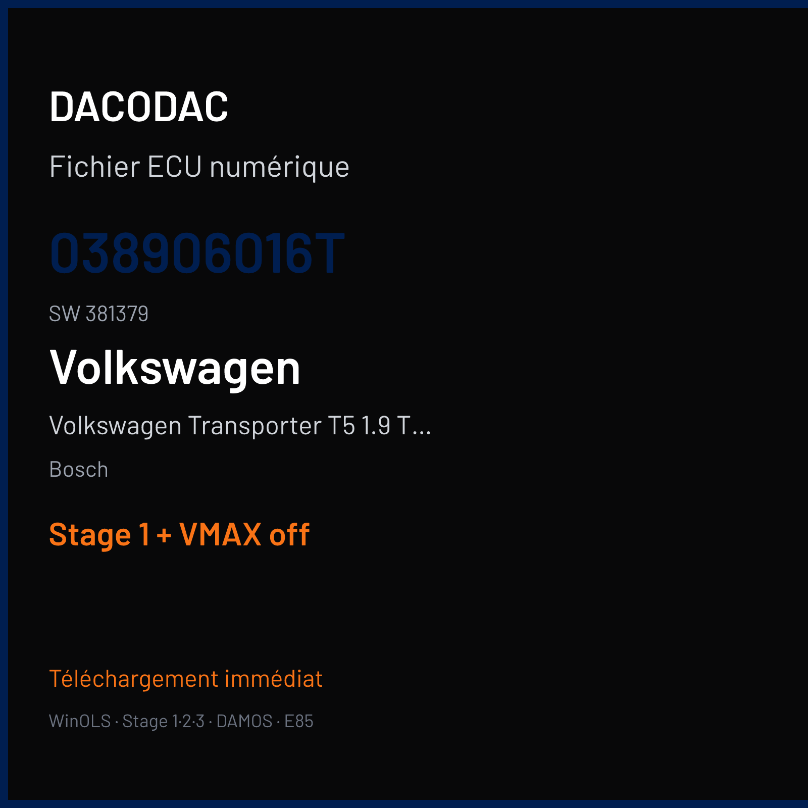 Volkswagen Transporter T5 1.9 TDI (2009) — Bosch — 038906016T · 381379 — Stage 1 + VMAX off