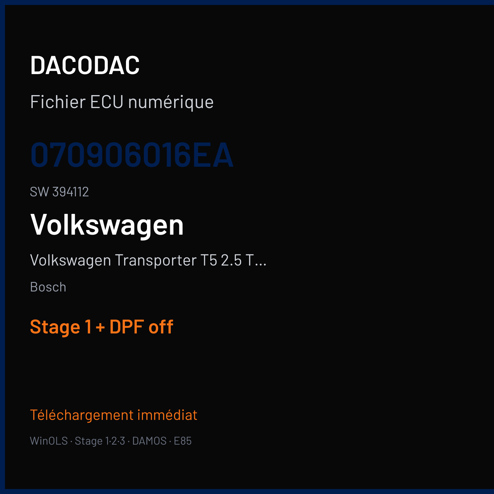 Volkswagen Transporter T5 2.5 TDI (2007) — Bosch — 070906016EA · 394112 — Stage 1 + DPF off